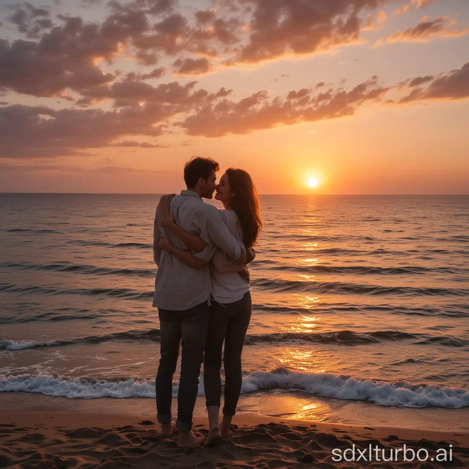 Affectionate lovers are watching the sunset over the sea, happily standing shoulder to shoulder and thinking about life and how beautiful their love is, smiling at each other.
