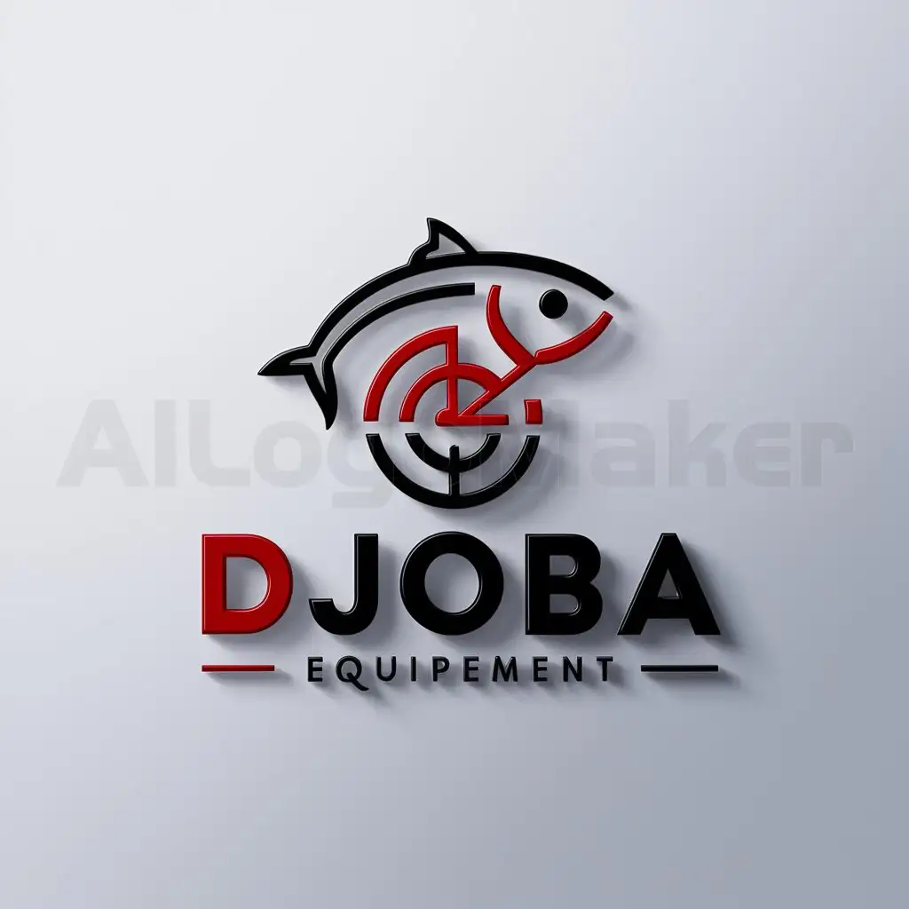 a logo design,with the text "DJOBA ÉQUIPEMENT", main symbol:poisson et chien et club de tire couleur rouge et noir,Moderate,be used in Animals Pets industry,clear background