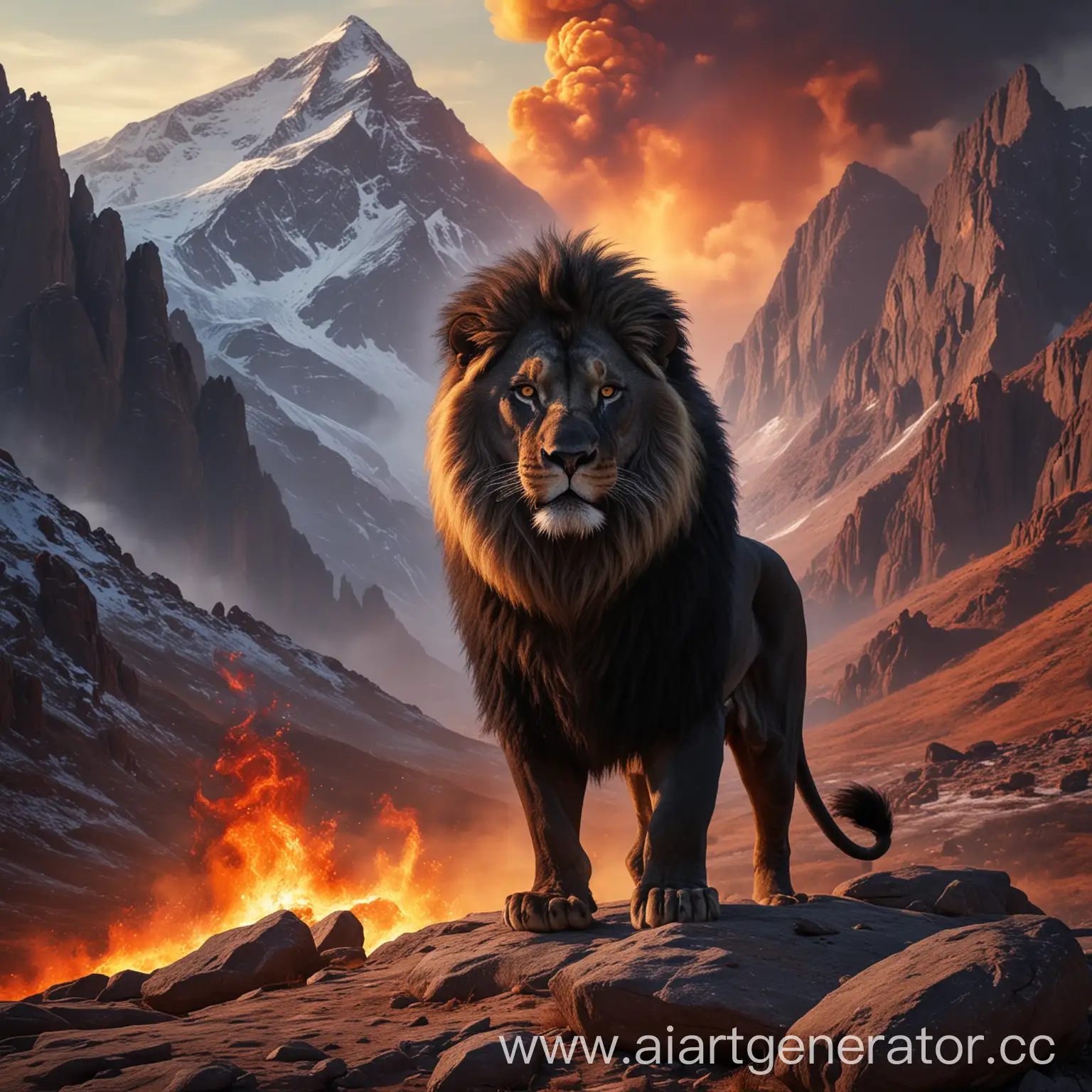 Majestic-Black-Lion-Roaring-Amidst-Fiery-Mountain-Landscape