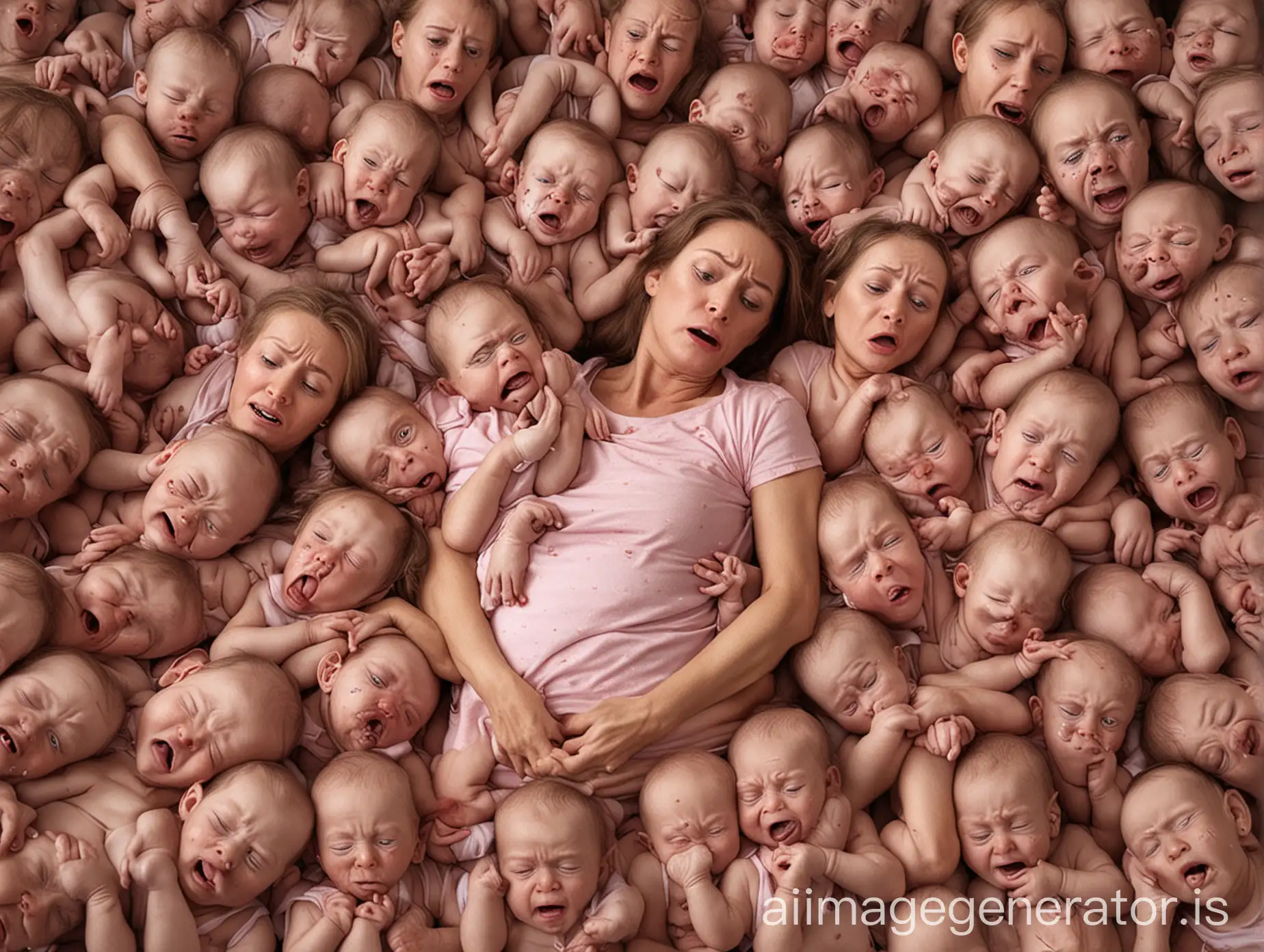 tired mother surrounded by 50 crying babies