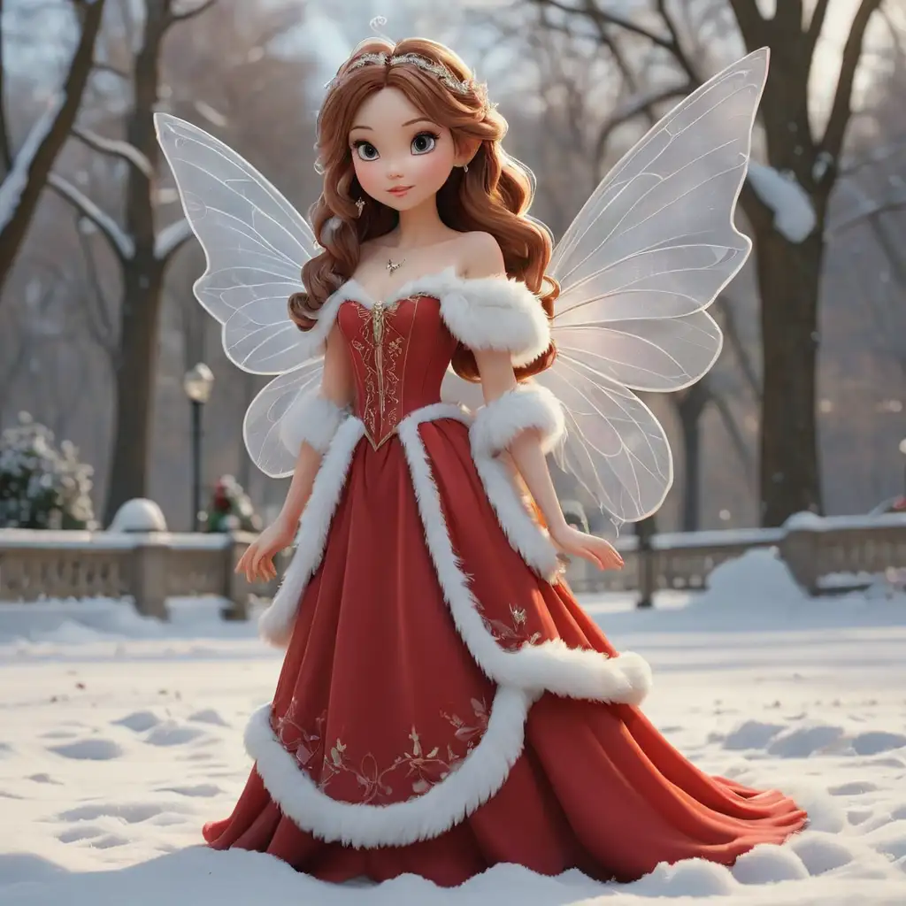 A beautiful fairy, 3D, Disney Style, large fairy wings, with a fairy in a red long  dress with a white fur collar and trim, standing in front Central Parkh in New York, snow on the ground