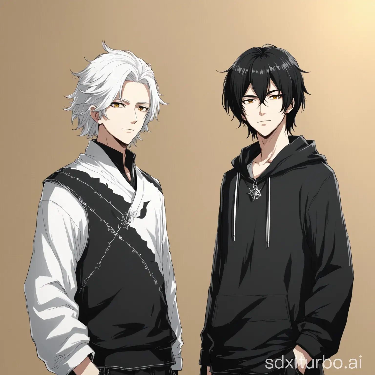 Two young men, one cool white-haired, one sunny black-haired. The white-haired is taller than the black-haired. In Fan Sister Song's style. The two are ambiguous.
