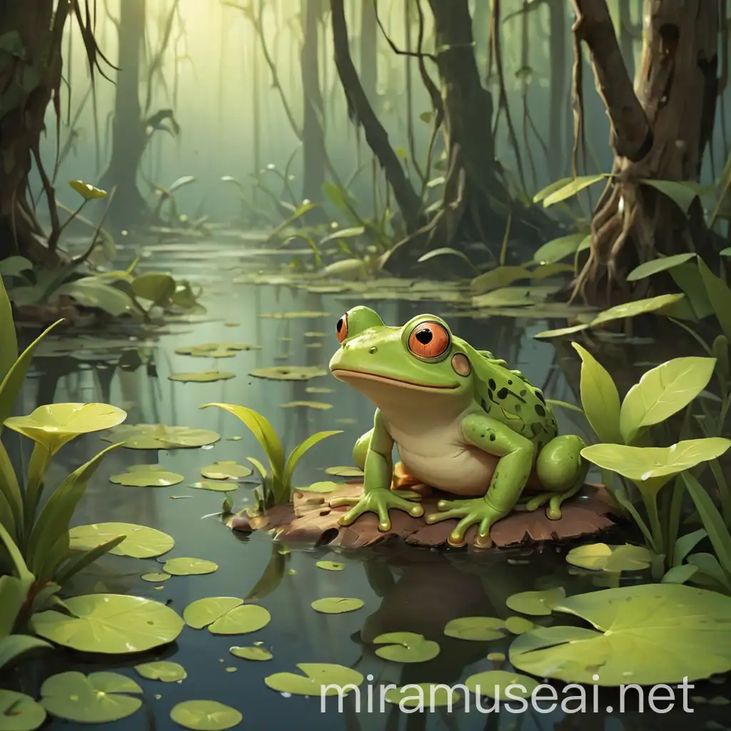 2D cartoon, beautiful swamp, leaves, frogs