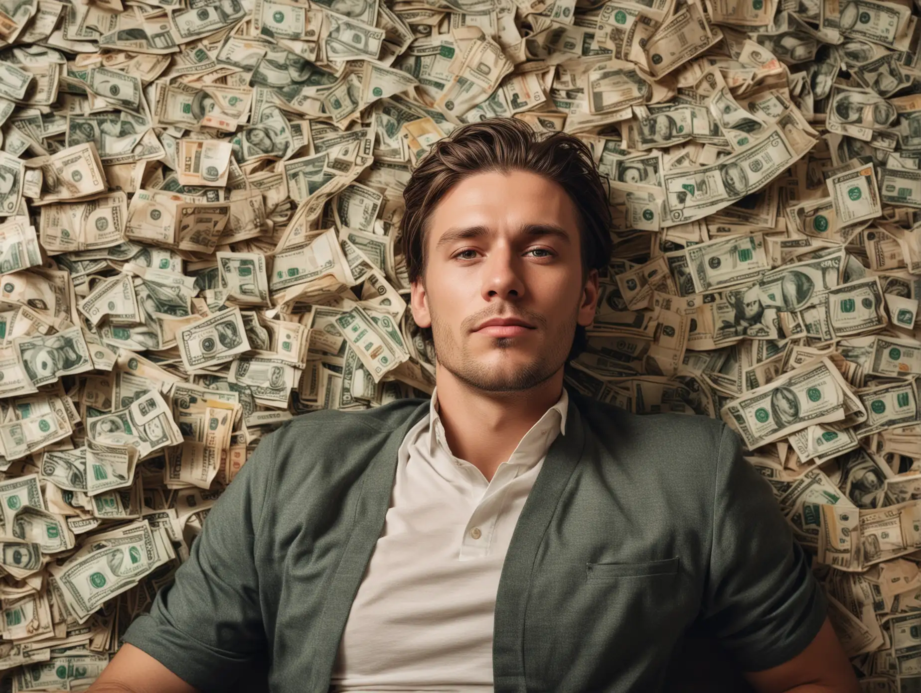 A handsome man is lying on the sofa, surrounded by many dollar bills, with an intoxicated expression and exquisite facial features, facing the camera