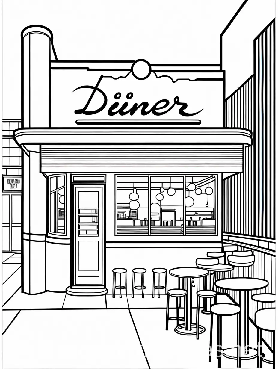 CREATE A SIMPLE COLORING PAGE OF A 1950 DINER ,, Coloring Page, black and white, line art, white background, Simplicity, Ample White Space. The background of the coloring page is plain white to make it easy for young children to color within the lines. The outlines of all the subjects are easy to distinguish, making it simple for kids to color without too much difficulty
