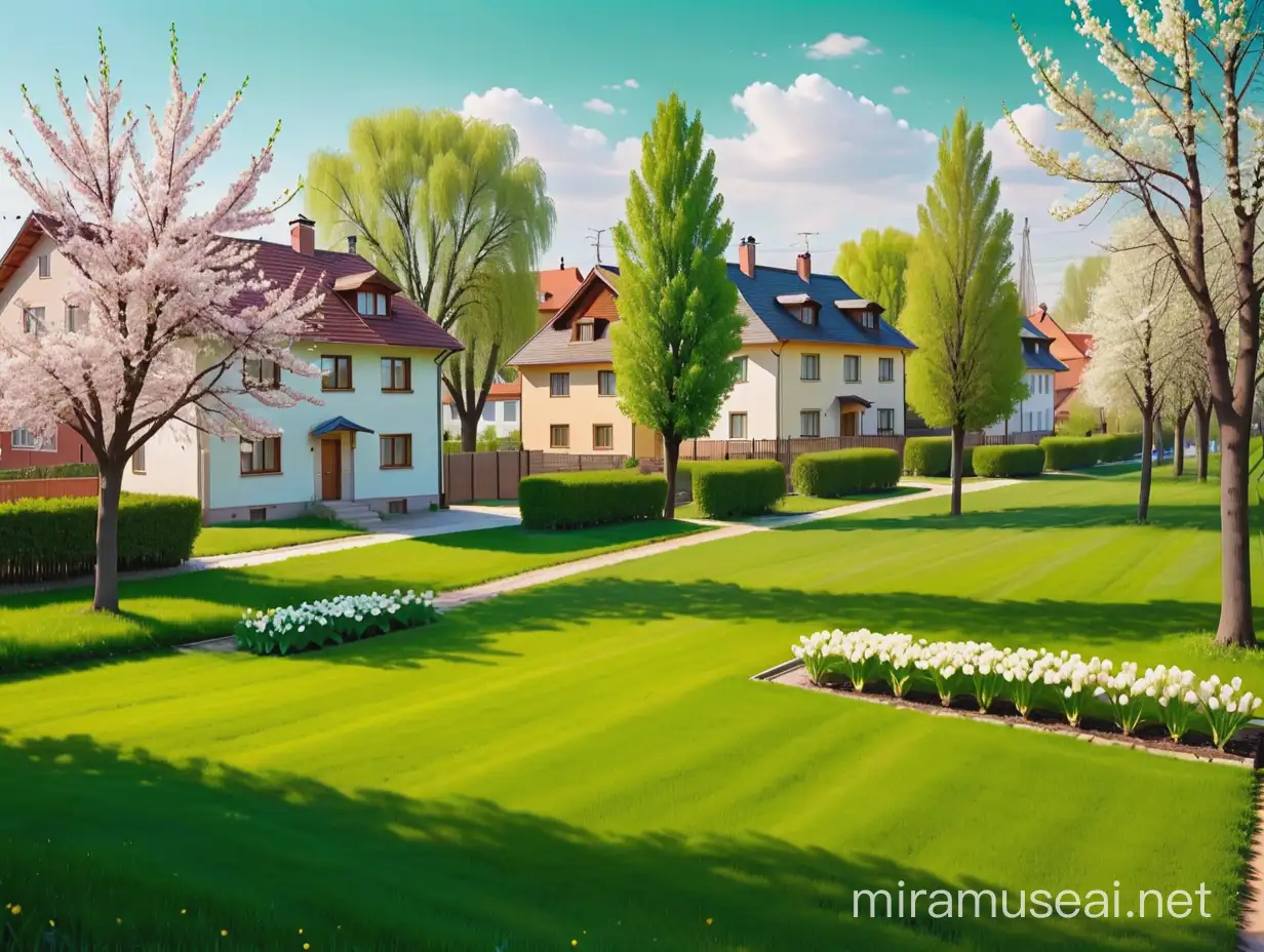 Tranquil Spring Scene with Blossoming Trees and Houses