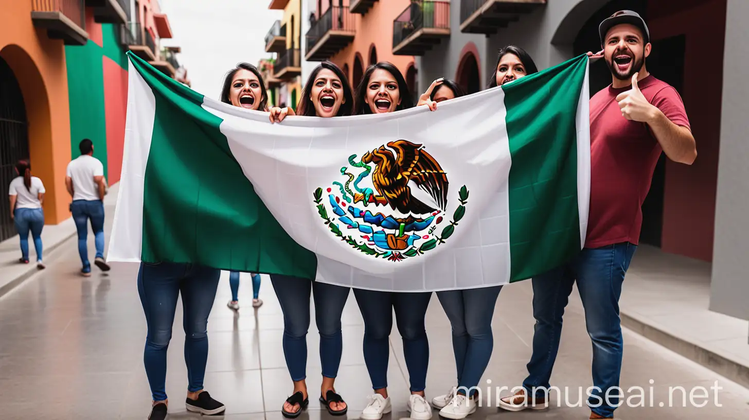 Excited American Family Pointing at Mexican Flag