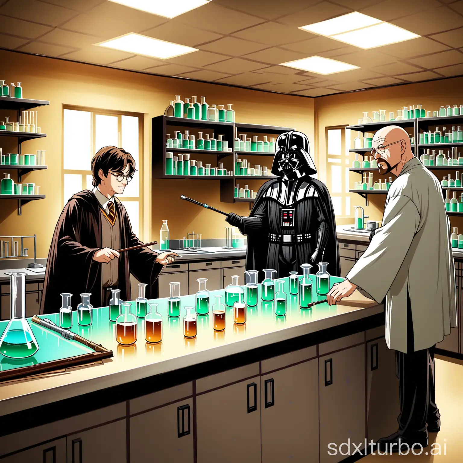 Harry Potter and Darth Vader and Walter White and Gandalf in a chemistry lab