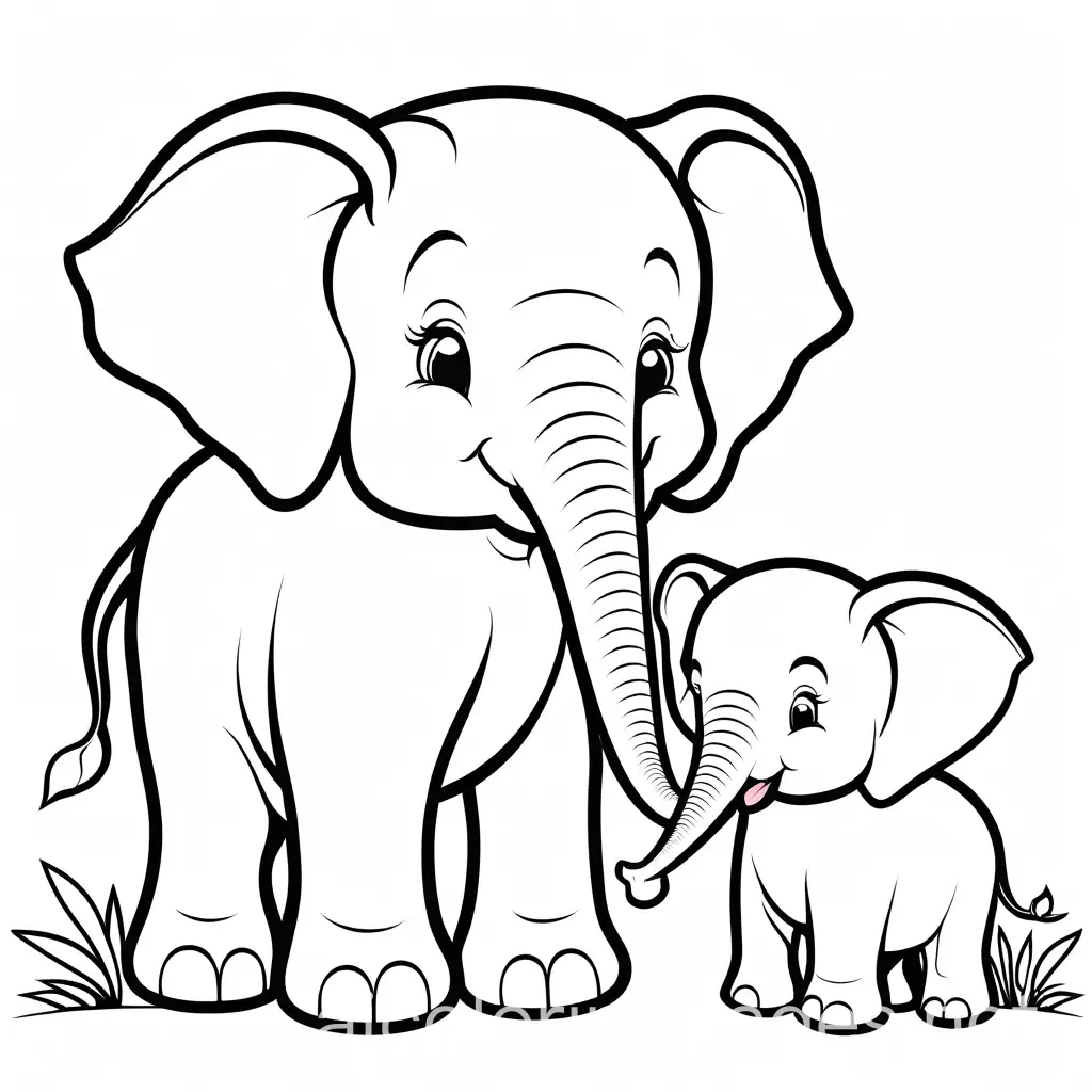 Cute happy cartoon elephant standing next to a cute baby elephant, Coloring Page, black and white, line art, white background, Simplicity, Ample White Space. The background of the coloring page is plain white to make it easy for young children to color within the lines. The outlines of all the subjects are easy to distinguish, making it simple for kids to color without too much difficulty