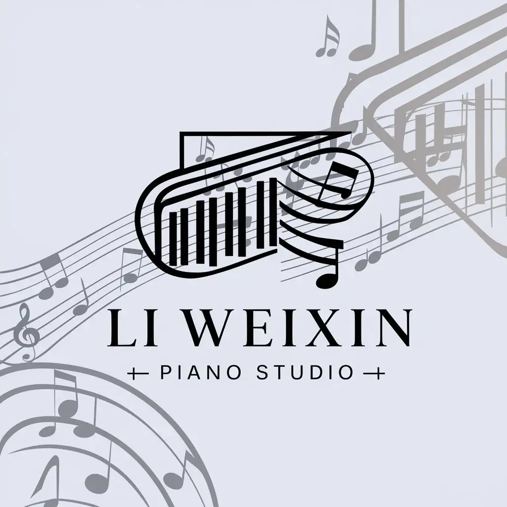 a logo design,with the text "Li Weixin Piano Studio", main symbol:steelpad, steelpad keys, notes, sheet music,Moderate,be used in Education industry,clear background