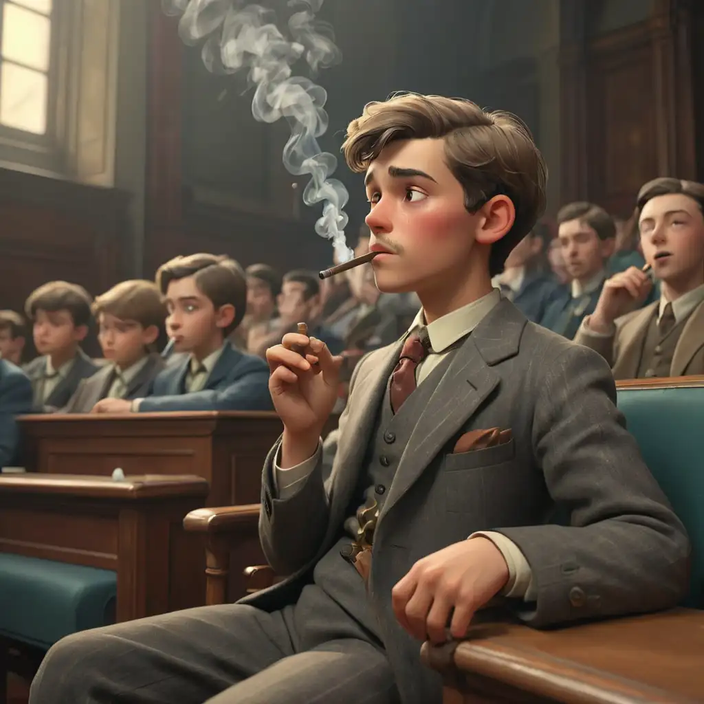 Цветное изображение. Студент начала 20 века в Париже сидит в аудитории и курит трубку. В стиле 3д анимация, реализм.