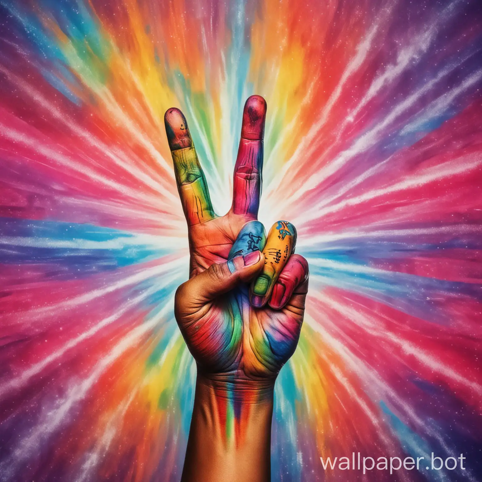 Hand peace sign with a colorful background