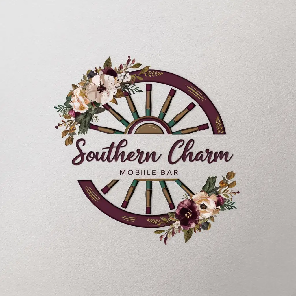 a logo design,with the text "Southern Charm Mobile Bar", main symbol:As the owner of Southern Charm Mobile Bar, I'm in need of a logo that embodies the essence of my business. I want a design that combines a country vibe with a touch of class. The color scheme I envision is deep burgundy, soft gold, and beige. You can add hunter green or wood brown if needed. You can add some flowers like the picture below in the logo to add color instead of color in the letters.,Minimalistic,be used in Others industry,clear background