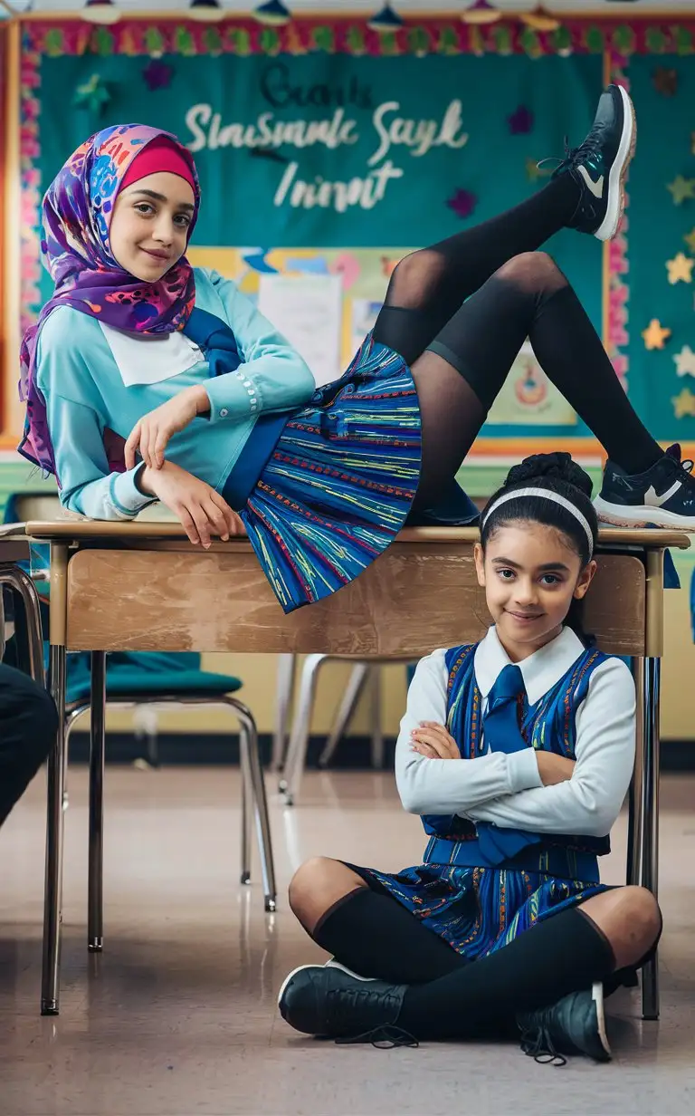 2 girls, 13 years old, hijab, tight blouse, patterned school skirt, black opaque tights, sport shoes, in classroom. beautiful. Lying on the teacher desk. Crossed legs. elegant, petite
