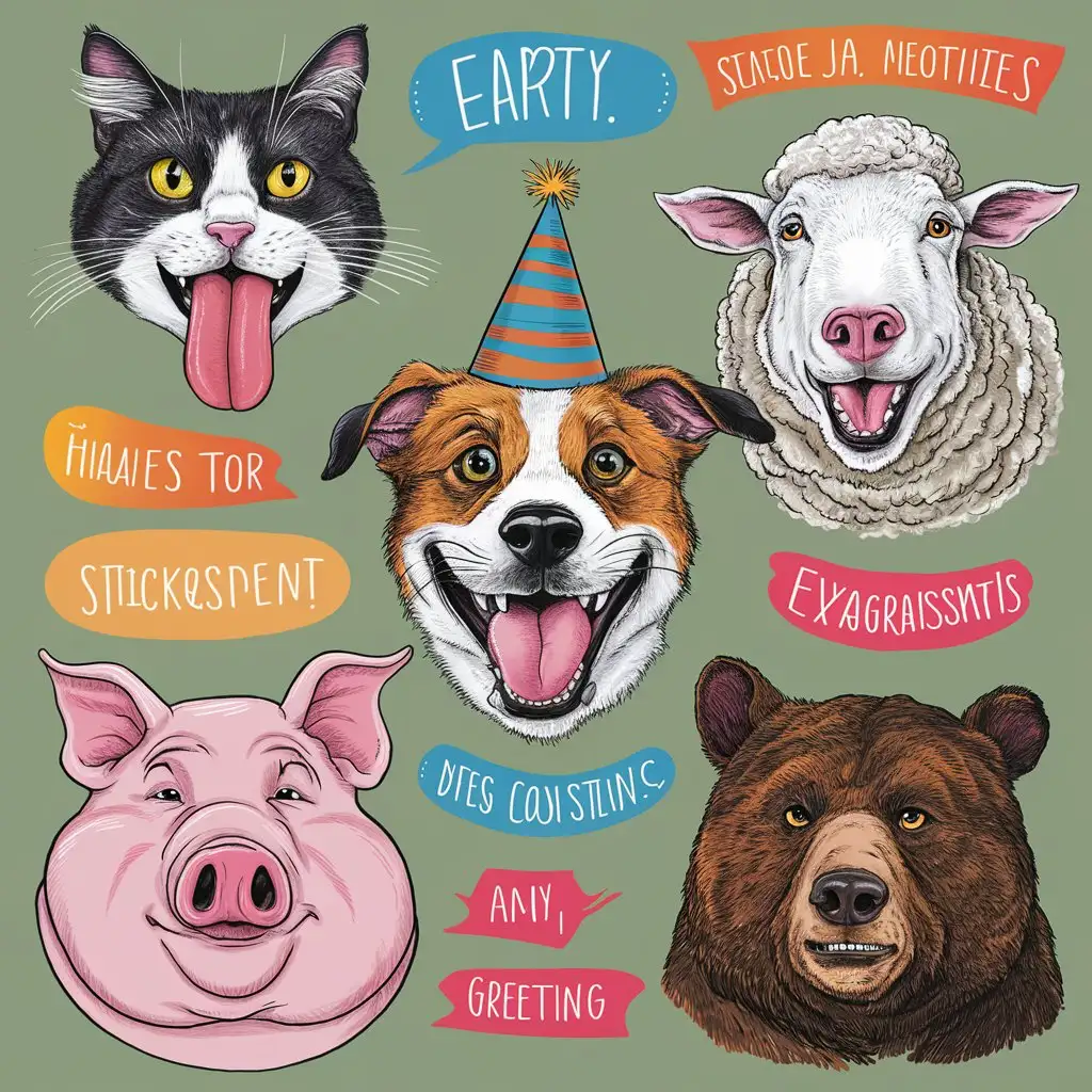 A series of funny animal expressions with exaggerated emotions, perfect for greeting cards.