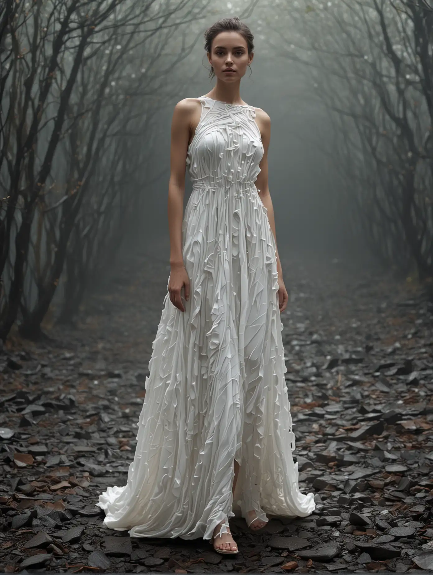 full long extra long, abstract white plastic dress on a cute dark model, add details to the dress, displayed at an outdoor abstract space, model is shown in full body, natural light, ultra realistic, v6, stylize 200, tiny bit of fog