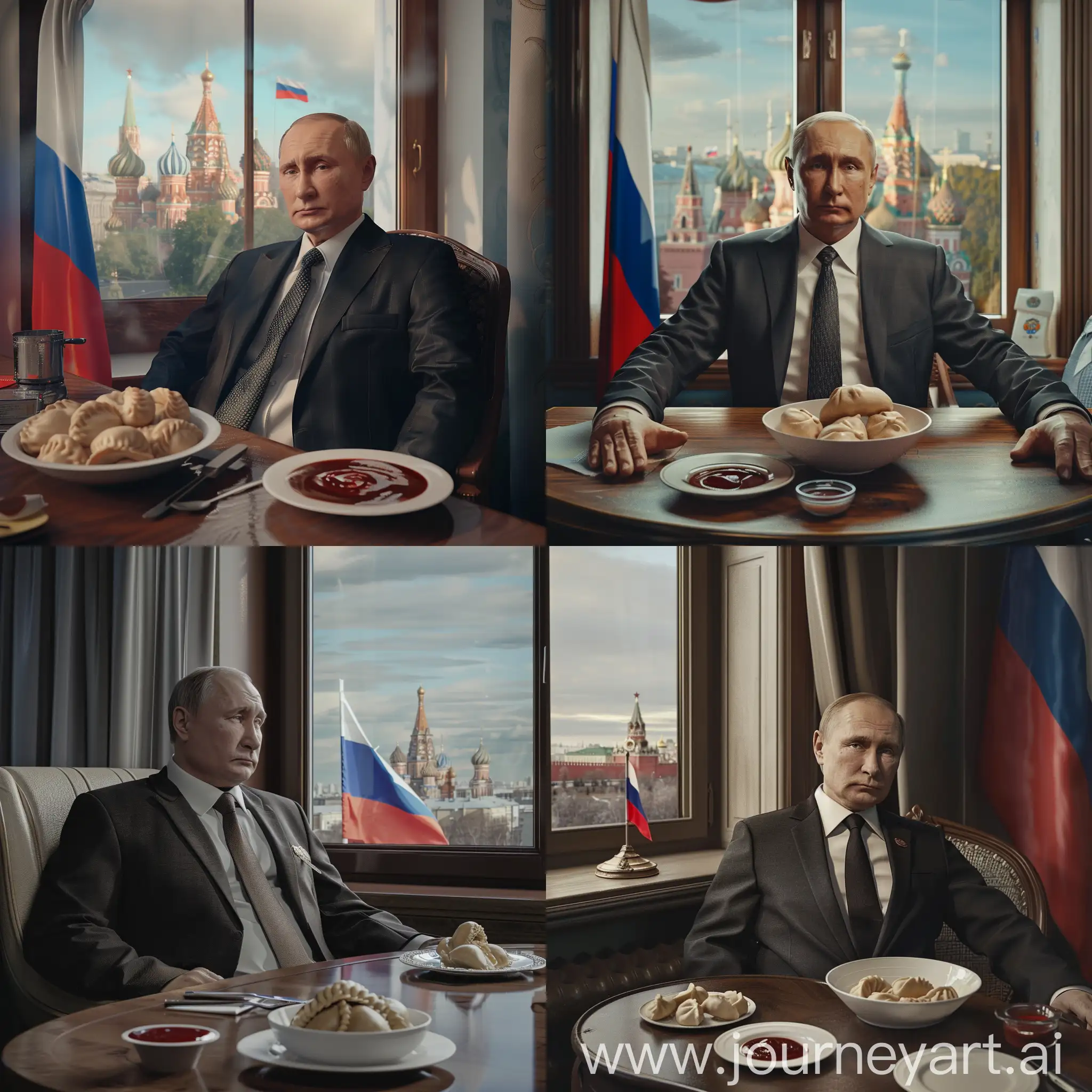 Владимир Путин в деловом костюме, сидит за столом, в тарелке пельмени, на столе соус, задний фон резиденция, гипер реализм, максимум деталей, 8к, HDR, профессиональное освещение, острый фокус, флаг россии, в окне видна красная площадь москвы
