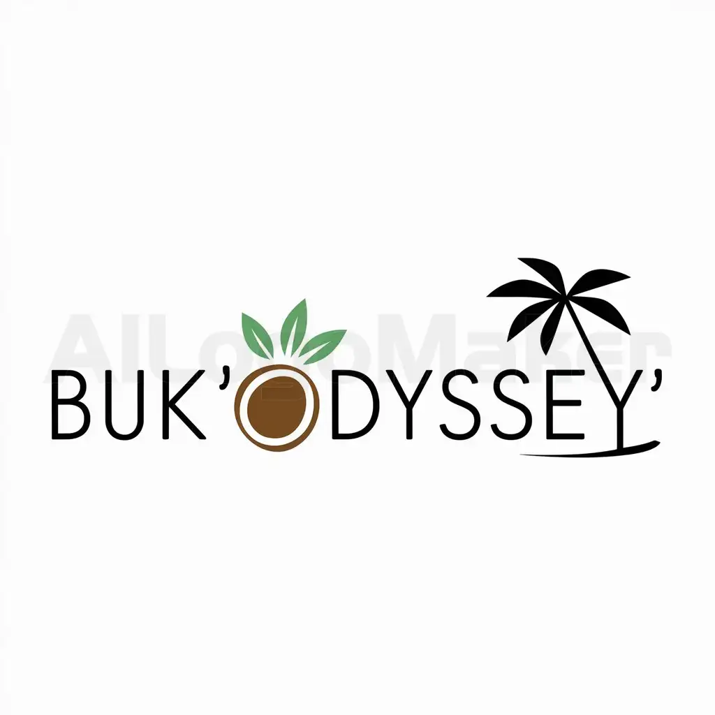 a logo design,with the text "BUK'ODYSSEY", main symbol:coconut, coconut leaf, coconut tree,Minimalistic,be used in Travel industry,clear background