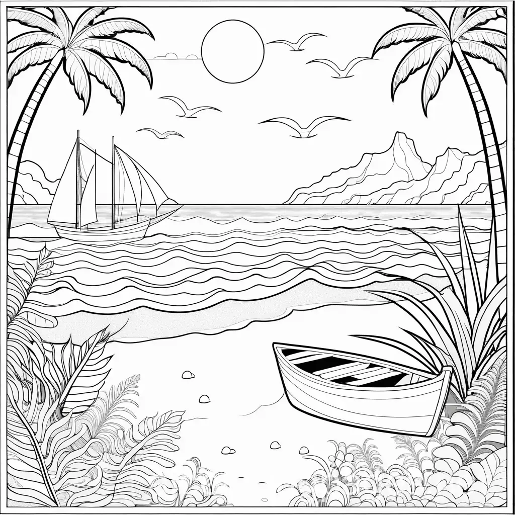tropical trees,beach, ocean animals,sun, boats, Coloring Page, black and white, line art, white background, Simplicity, Ample White Space. The background of the coloring page is plain white to make it easy for young children to color within the lines. The outlines of all the subjects are easy to distinguish, making it simple for kids to color without too much difficulty