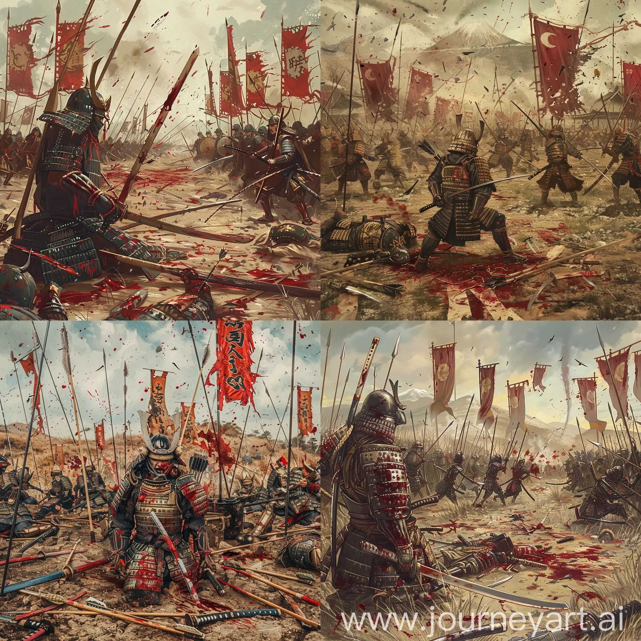 Japanese-Battlefield-Samurai-Armor-Katanas-and-Banners-Amidst-Carnage