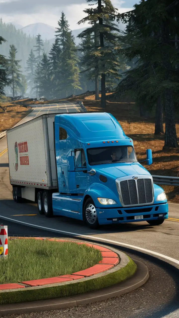 Blue american truck driving on curve road. showing pine trees, grass roundabout, From the makers of Truck Simulator 2023 comes the new and improved Truck Simulator USA Revolution. Transport the Pizza delivery in cargo truck