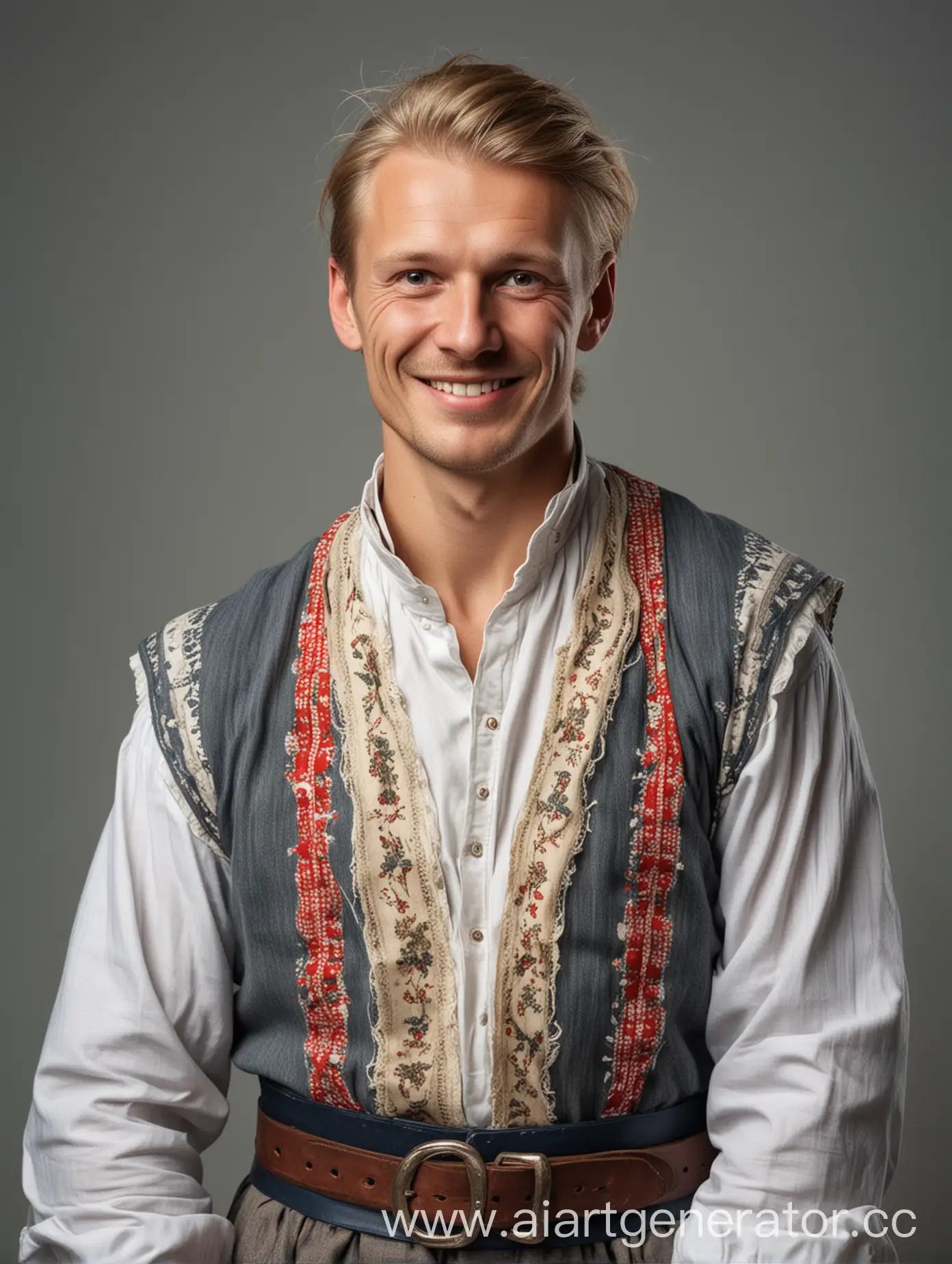 веселый мужчина скандинавской внешности с национальном наряде