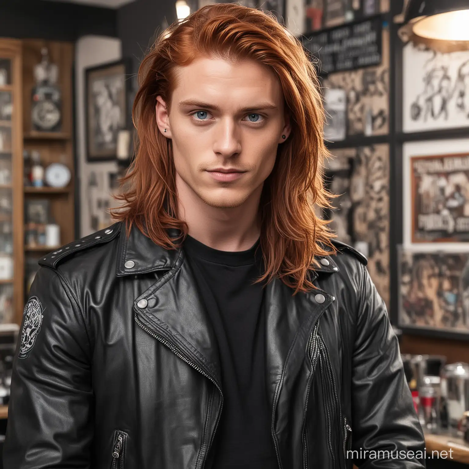 Attractive young man with long red hair, blue eyes, dressed in black and wearing a leather jacket in a tattoo shop