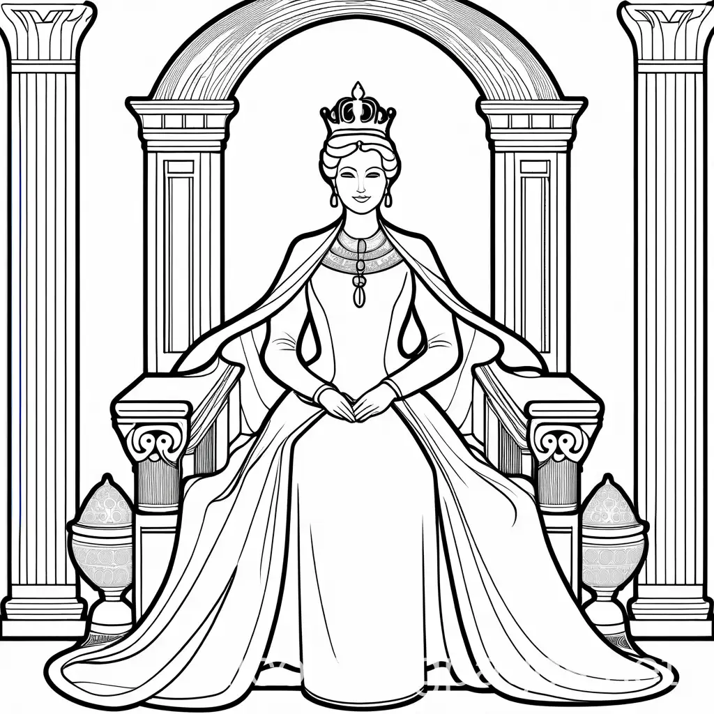 Beautiful Queen sitting on a  throne, black and white, simplistic, colouring page, ample white space, Coloring Page, black and white, line art, white background, Simplicity, Ample White Space. The background of the coloring page is plain white to make it easy for young children to color within the lines. The outlines of all the subjects are easy to distinguish, making it simple for kids to color without too much difficulty