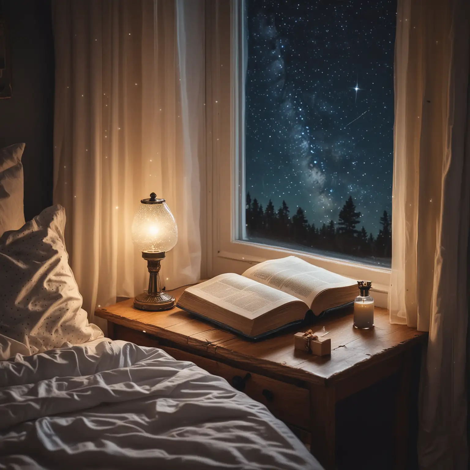 nightstand lamp, comfortable bedding, book in hand, starry sky outside the window