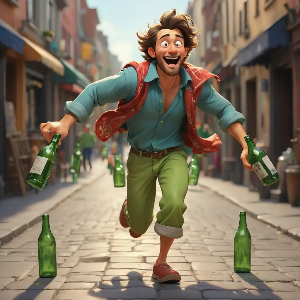 мультяшный красивый мужчина пьяный ярко одетый бежит по оживленной людьми улицы с бутылками в руках в полный рост с бутылками
