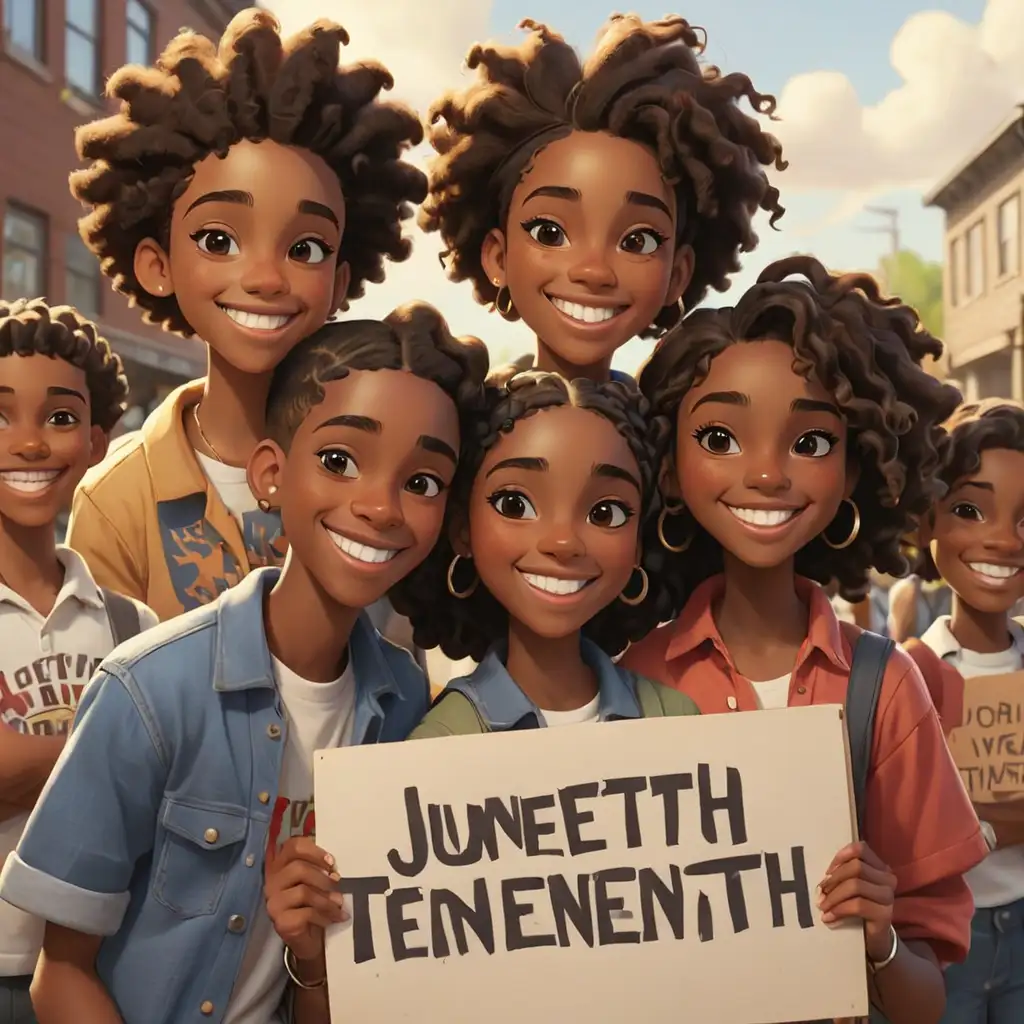 cartoon-style juneteenth teens holding a sign smiling
