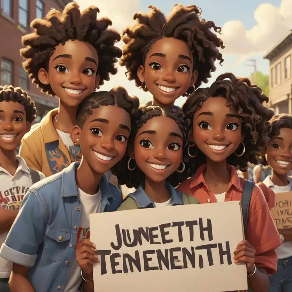 Joyful Cartoon Juneteenth Teens Holding Smiling Sign