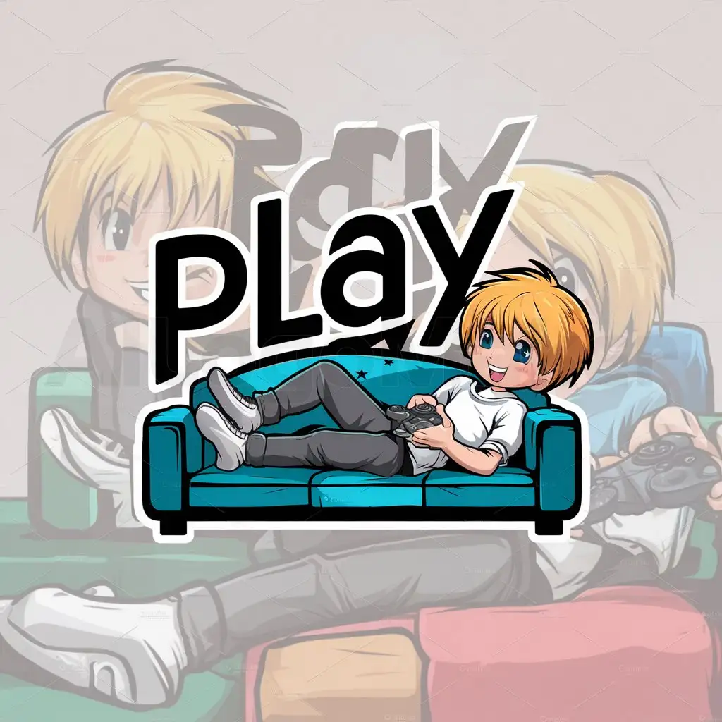 LOGO-Design-For-Play-Anime-Style-Blonde-Boy-on-Couch-with-Controller