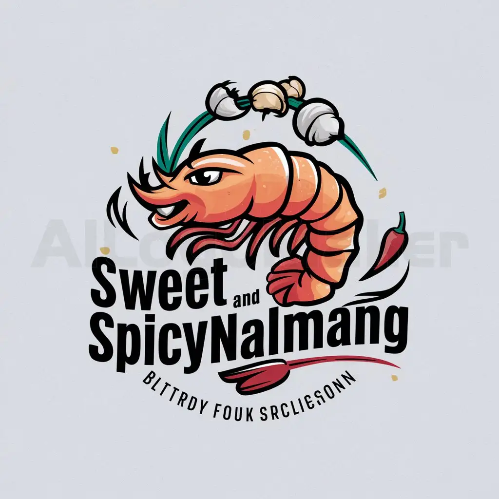 a logo design,with the text "Sweet and SpicynAlamang", main symbol:shrimp with gralic and sili,Moderate,be used in Others industry,clear background