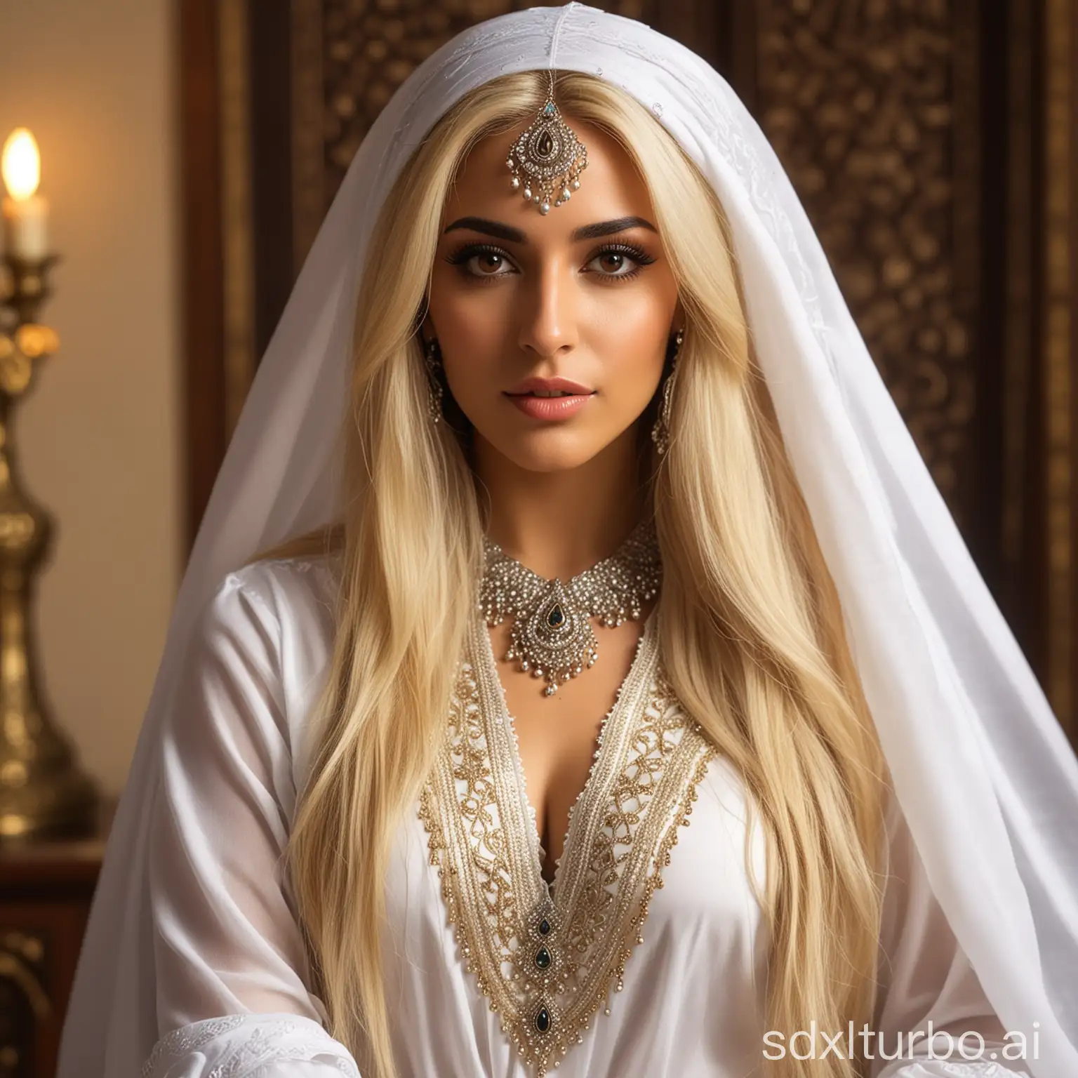 A 30 years old seductive pulchritudinous Arab sorceress with long blond hair and brown eyes, she is wearing an expensive white Bahraini farasha, she has a powerful mighty eternal magical charisma