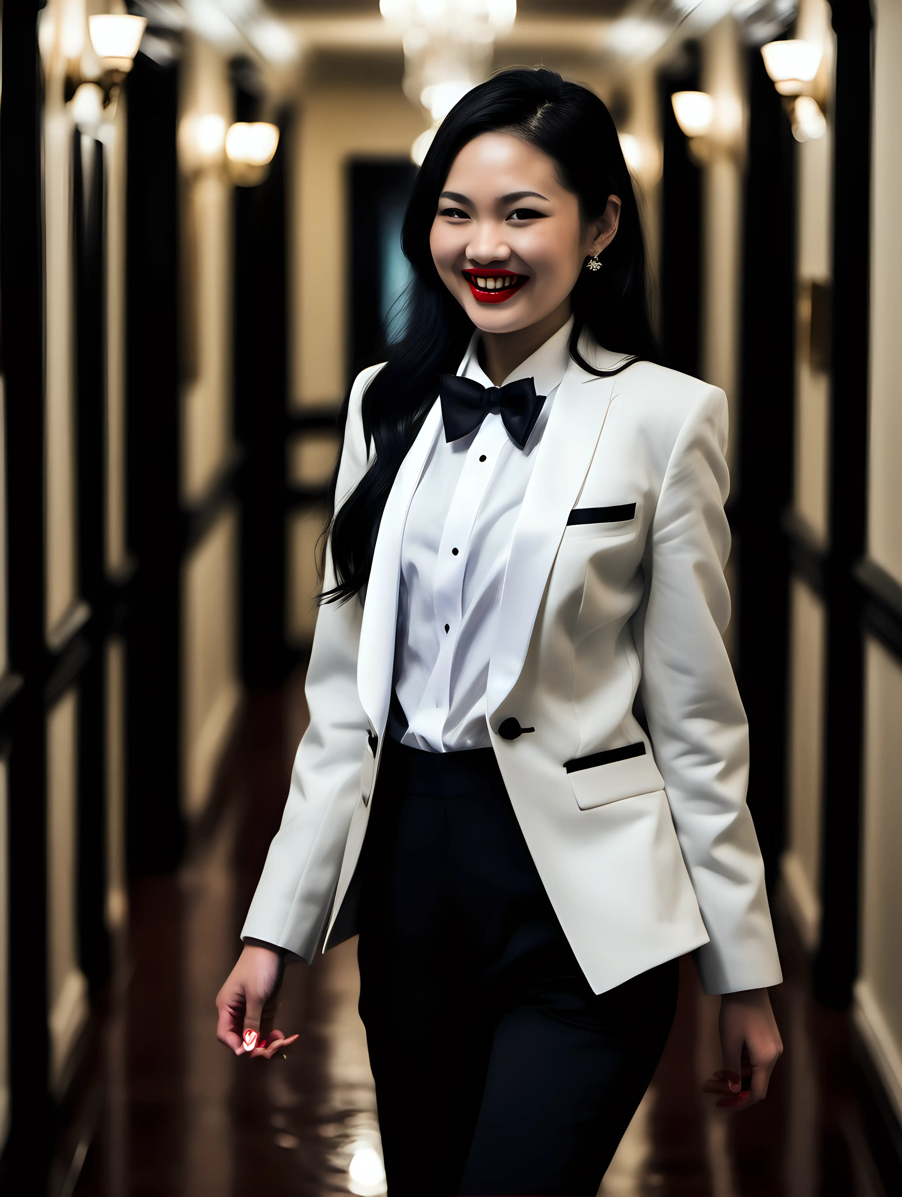 It is night. A smiling and laughing 30 year old Vietnamese woman with long black hair and red lipstick is walking down a dark hallway in a mansion. She is facing forward. She is wearing a tuxedo with a black jacket with a corsage and a white shirt and a black bowtie and black cufflinks and black pants. She is relaxed. Her jacket is open.