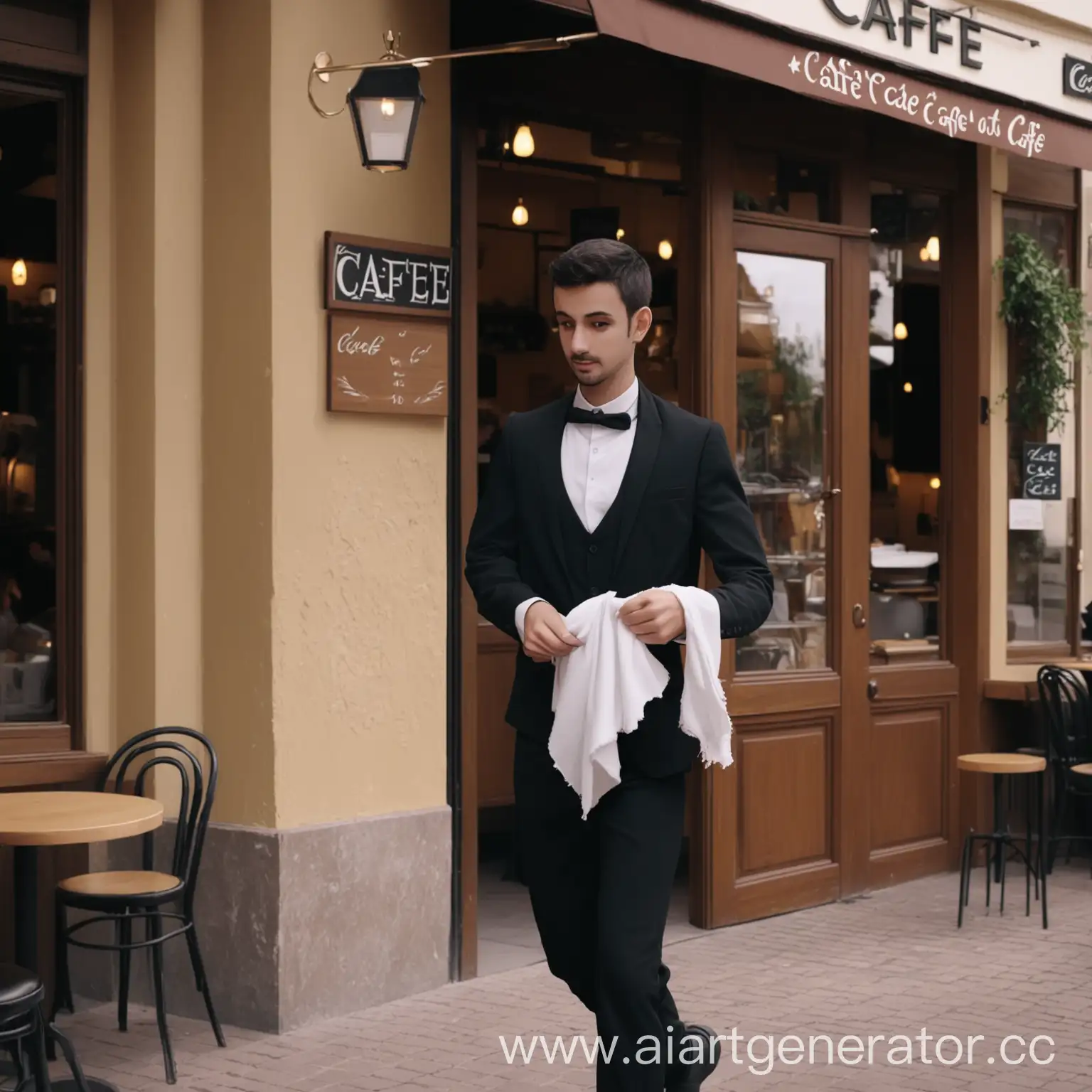 Waiter-Exiting-Cafe-with-Rag-in-Hand