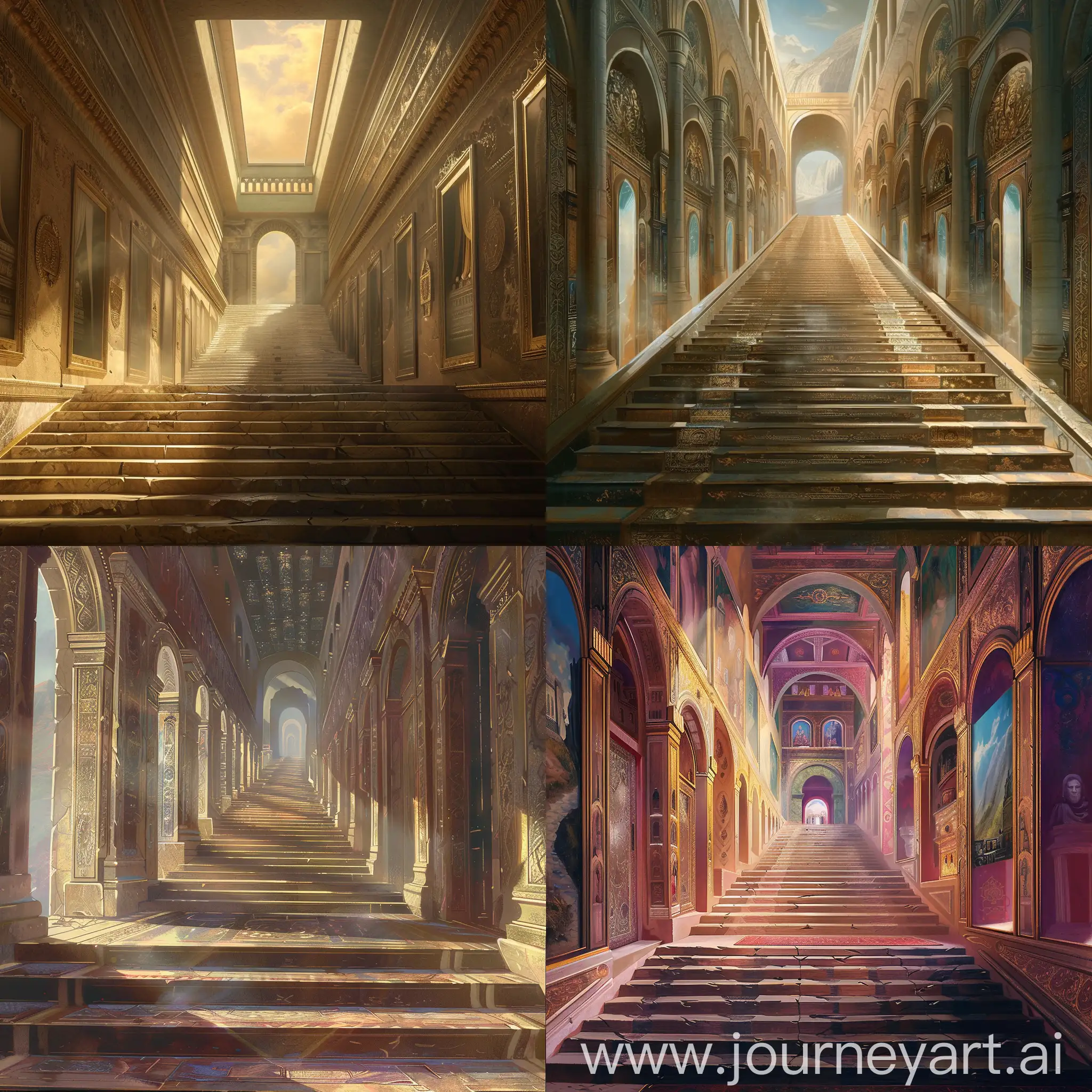 A wide long staircase leading to the treasury. On both sides of the stairs there are many portals. Fantasy