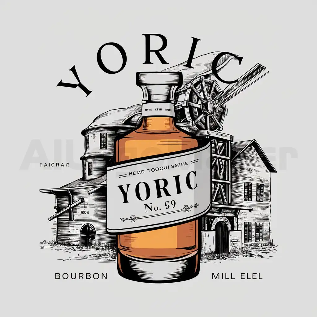 a logo design,with the text "YORIC", main symbol: A label for bourbon with an image of a bottle labeled "No. 69," and behind the bottle is a flour mill.,complex,clear background