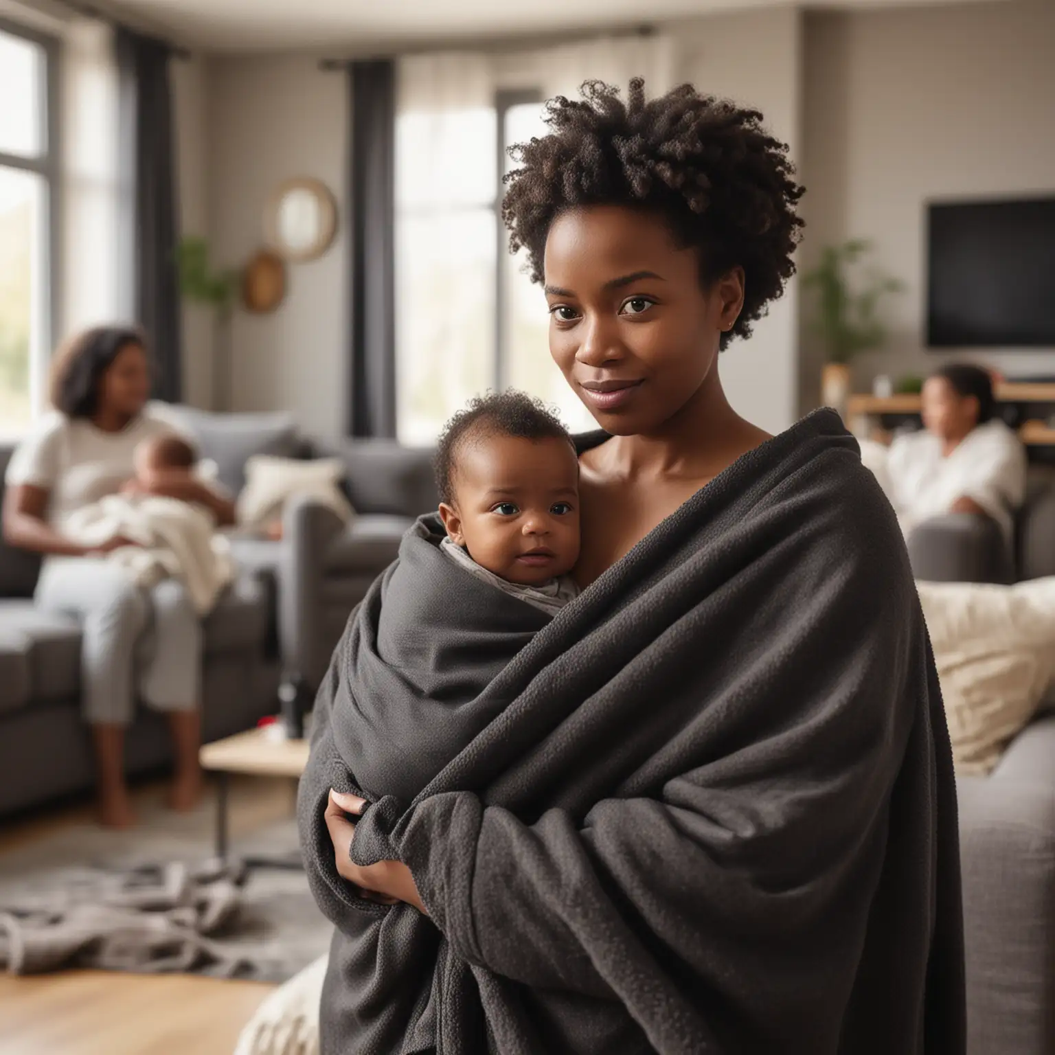 Young-Black-Mother-Holding-Newborn-Baby-in-Modern-Living-Room