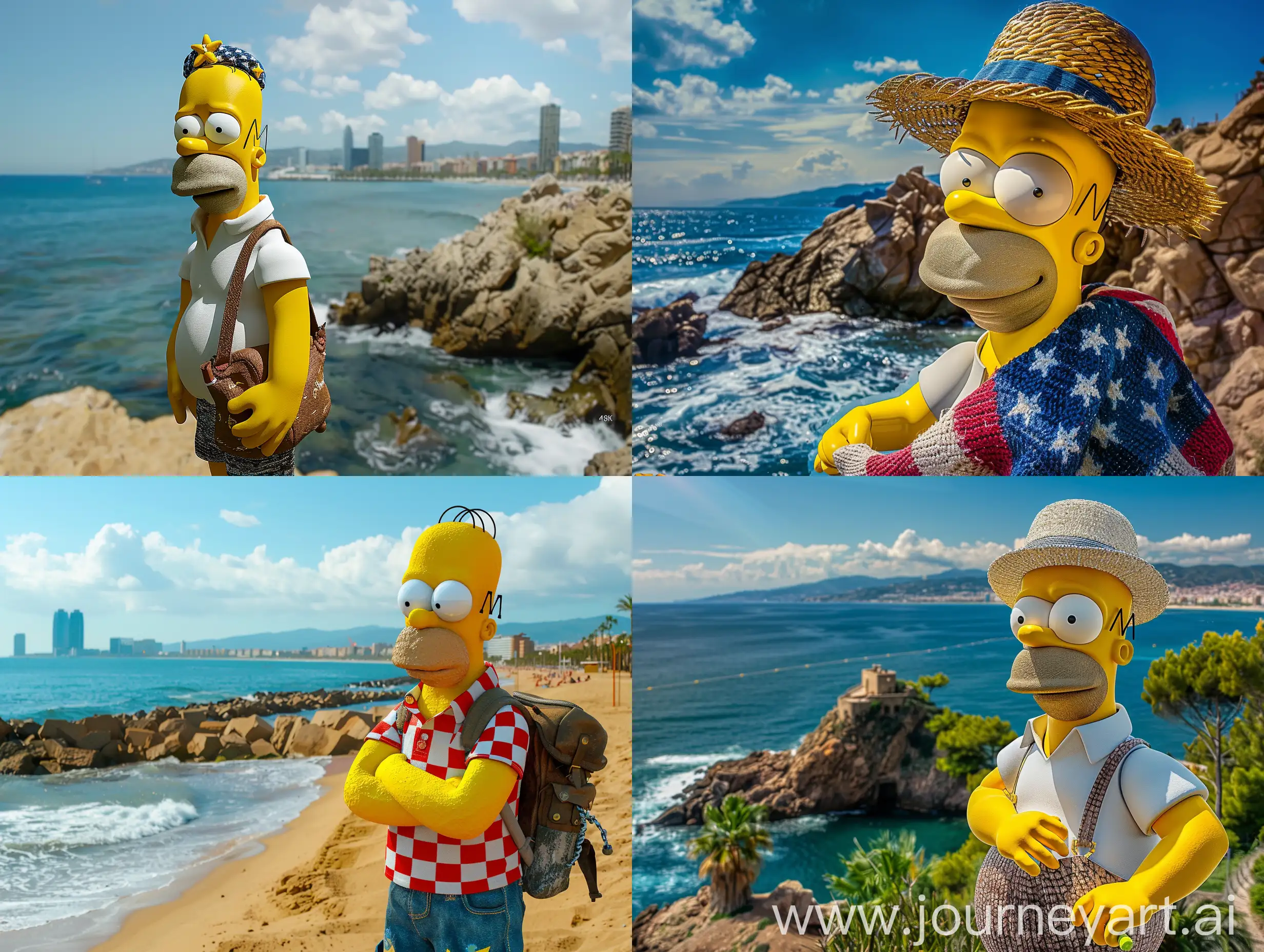 A very realistic Homer Simpson as an american tourist in Spain, on the coast of Barcelona, 4K, photorealistic