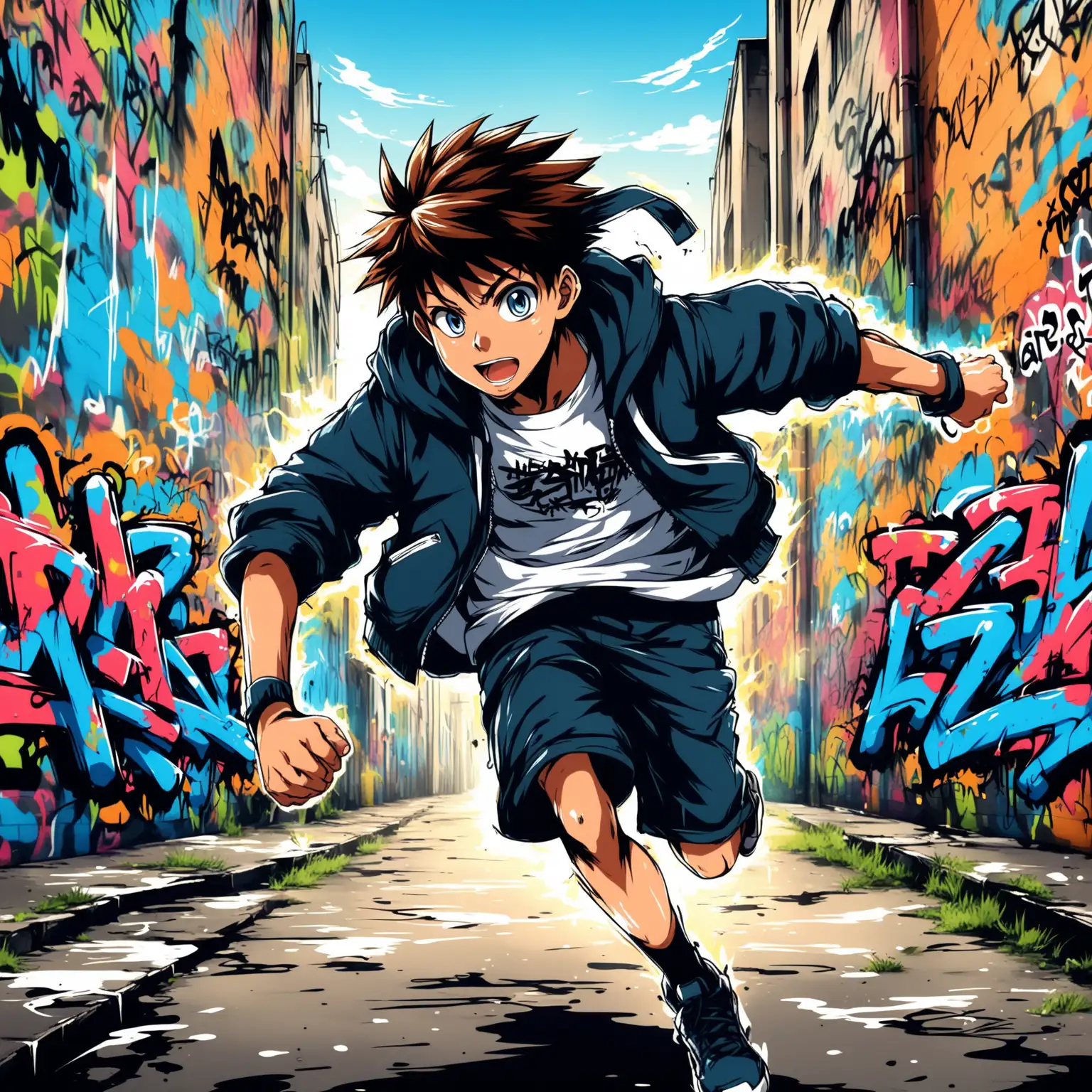 anime boy running in a graffiti style