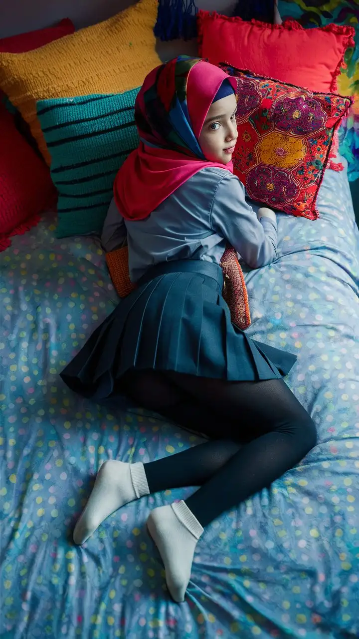 A arabian girl.  14 years old. She wears a hijab, tight shirt, school skirt, black opaque tights, white socks. Small feets,
She is beautiful. She lie on the bed.
Bird's eye view, From behind, turn back, looks back