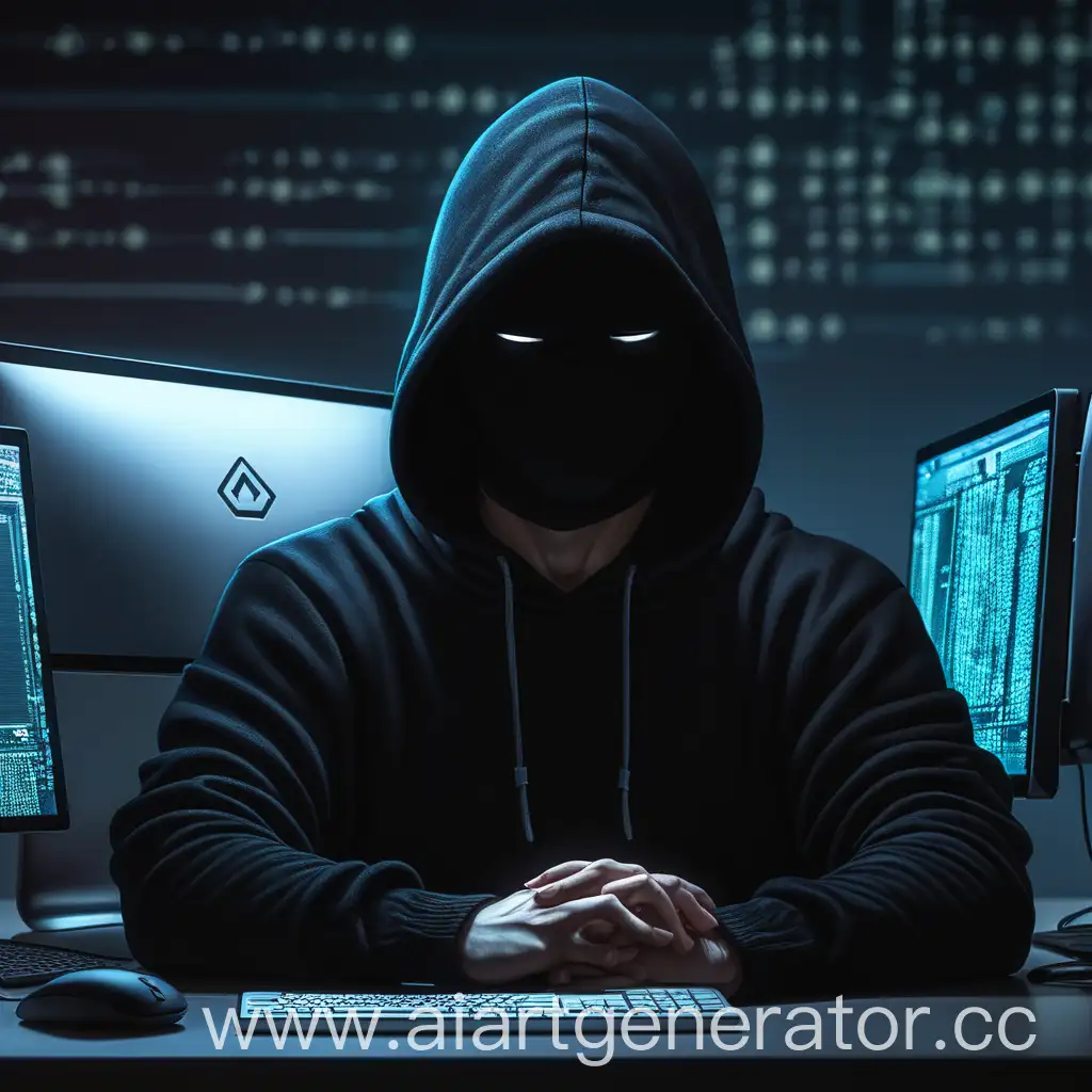 Человек сидит возле компьютером в черной кофте и капюшоне, он хакер и повернут лицом прямо

