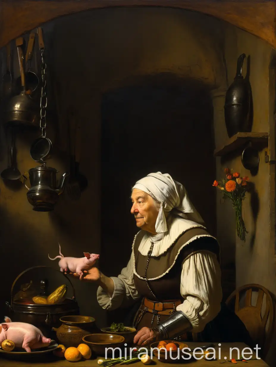 Rembrandt Style Painting Kitchen Scene with Grotesque Woman Cooking Pig and Young Woman