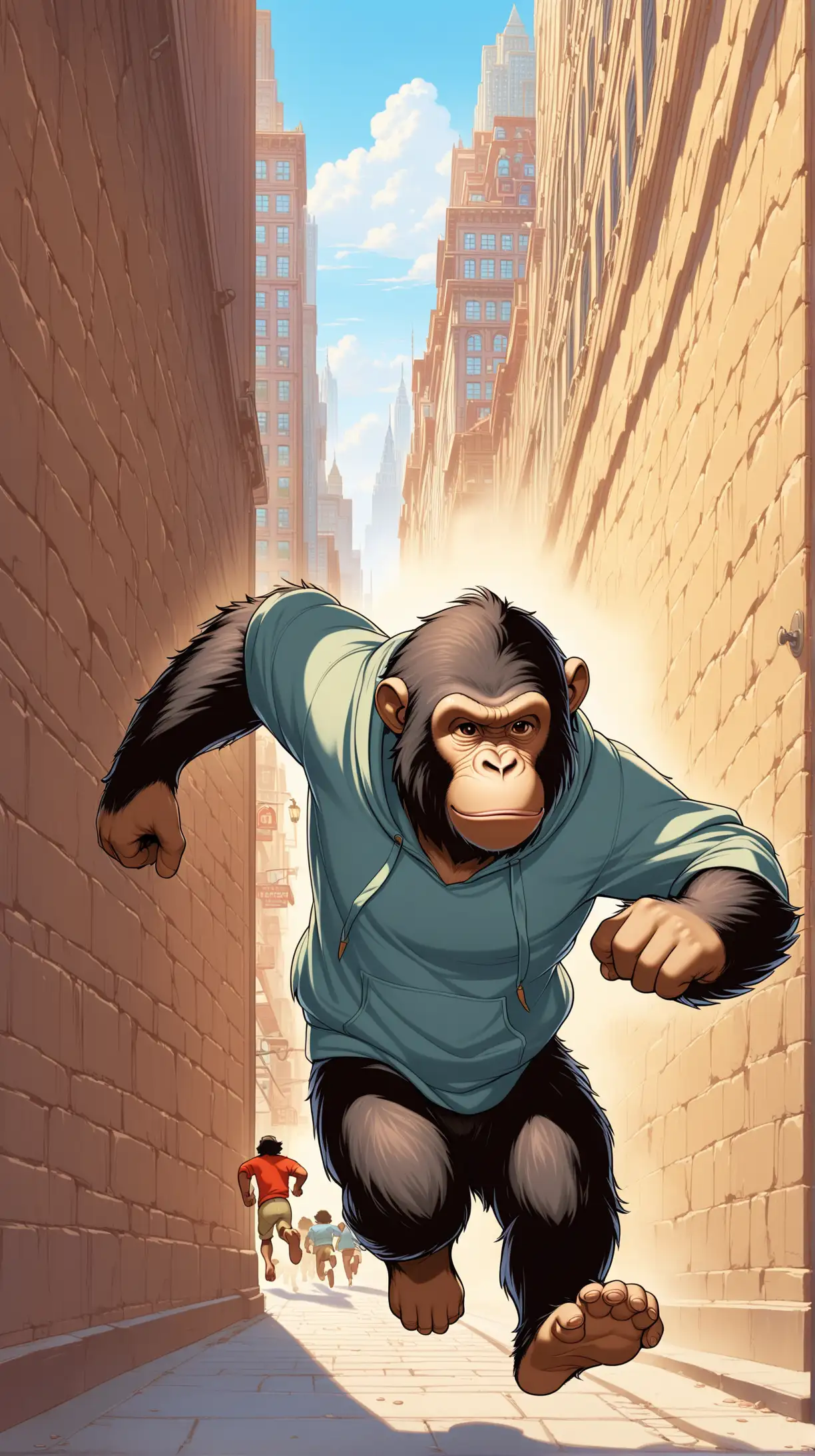 An Ape like jungle book of the famous disney movie. running on four feet. running away from police. Wearing an AMC Hoodie in front of the wall Street. Front Perspective! 
For most freedom for everybody!
education for peace!