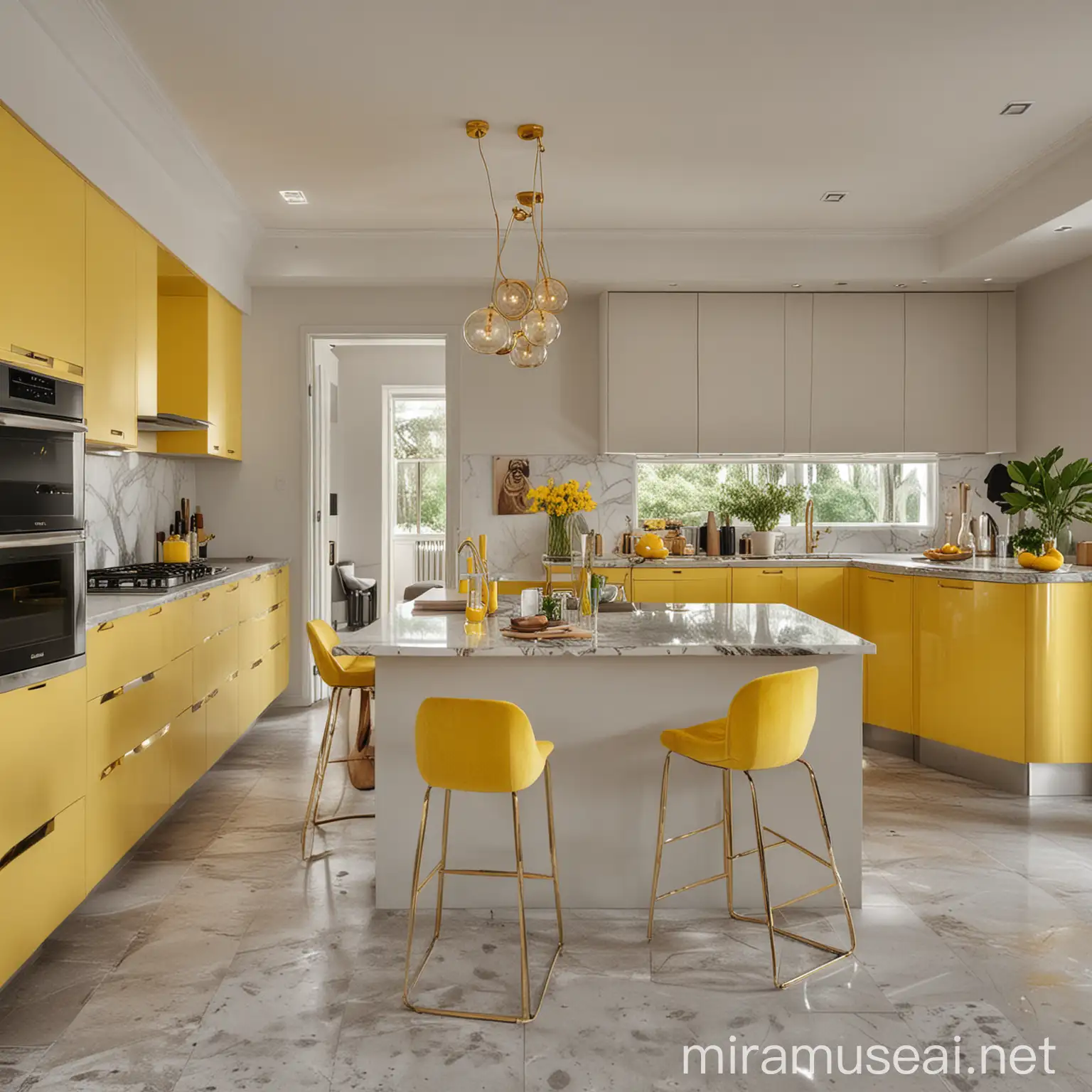 Make a luxurious modern kitchen with yellow details