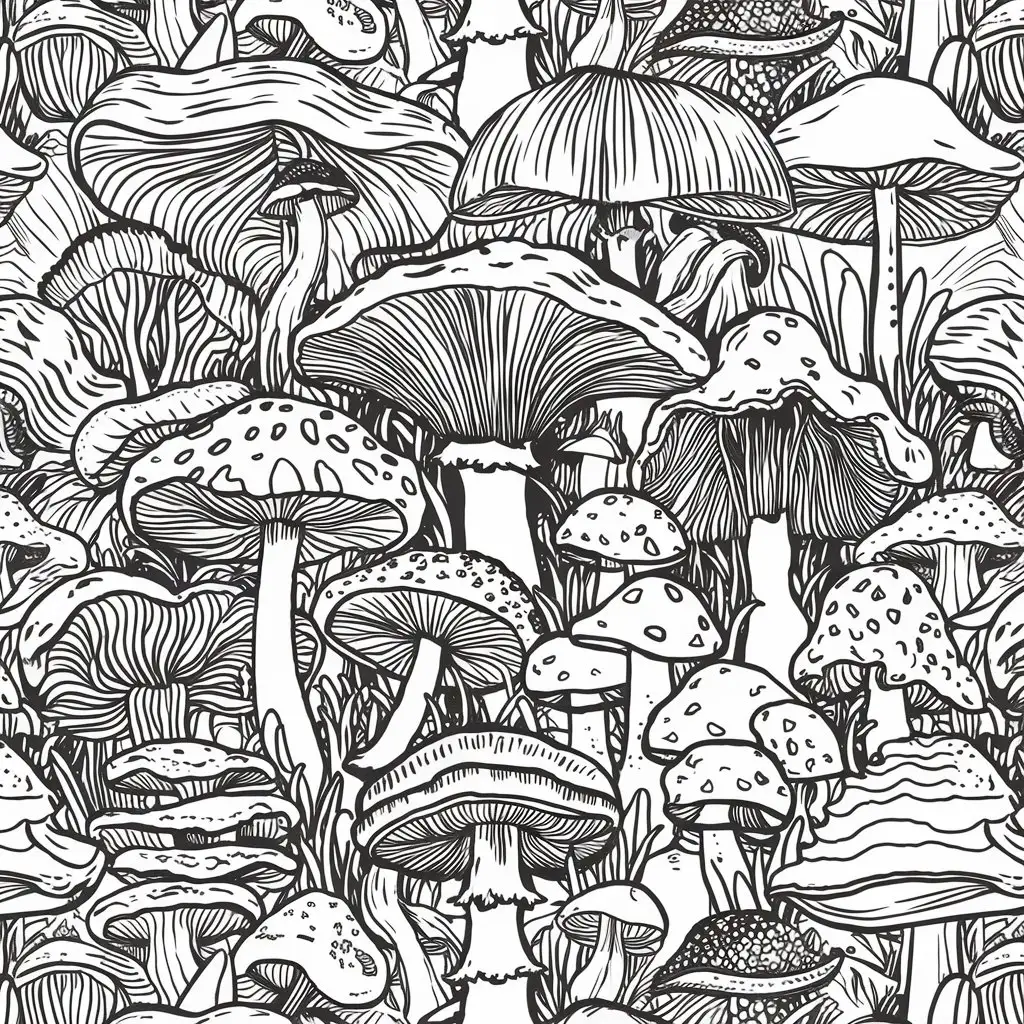 mushrooms pattern coloring page. all in black and white. white background. should cover the whole page.
