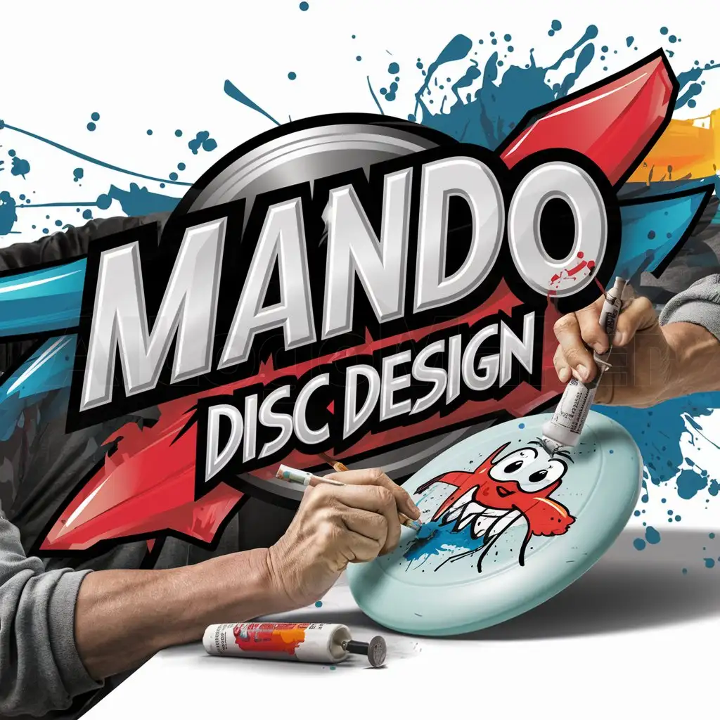 a logo design,with the text 'Mando disc design', main symbol:Bright splashy colors, edgy cool and friendly graffiti style design and text, a middle-aged Caucasian graffiti artist making art in the streets, the artist's hands squeeze paint from tubes to paint a Frisbee laying at an angle on the surface. A street art scene of frenzied paint flying and splattering everywhere, chaotic, dynamic, exciting.,Moderate,be used in Entertainment industry,clear background