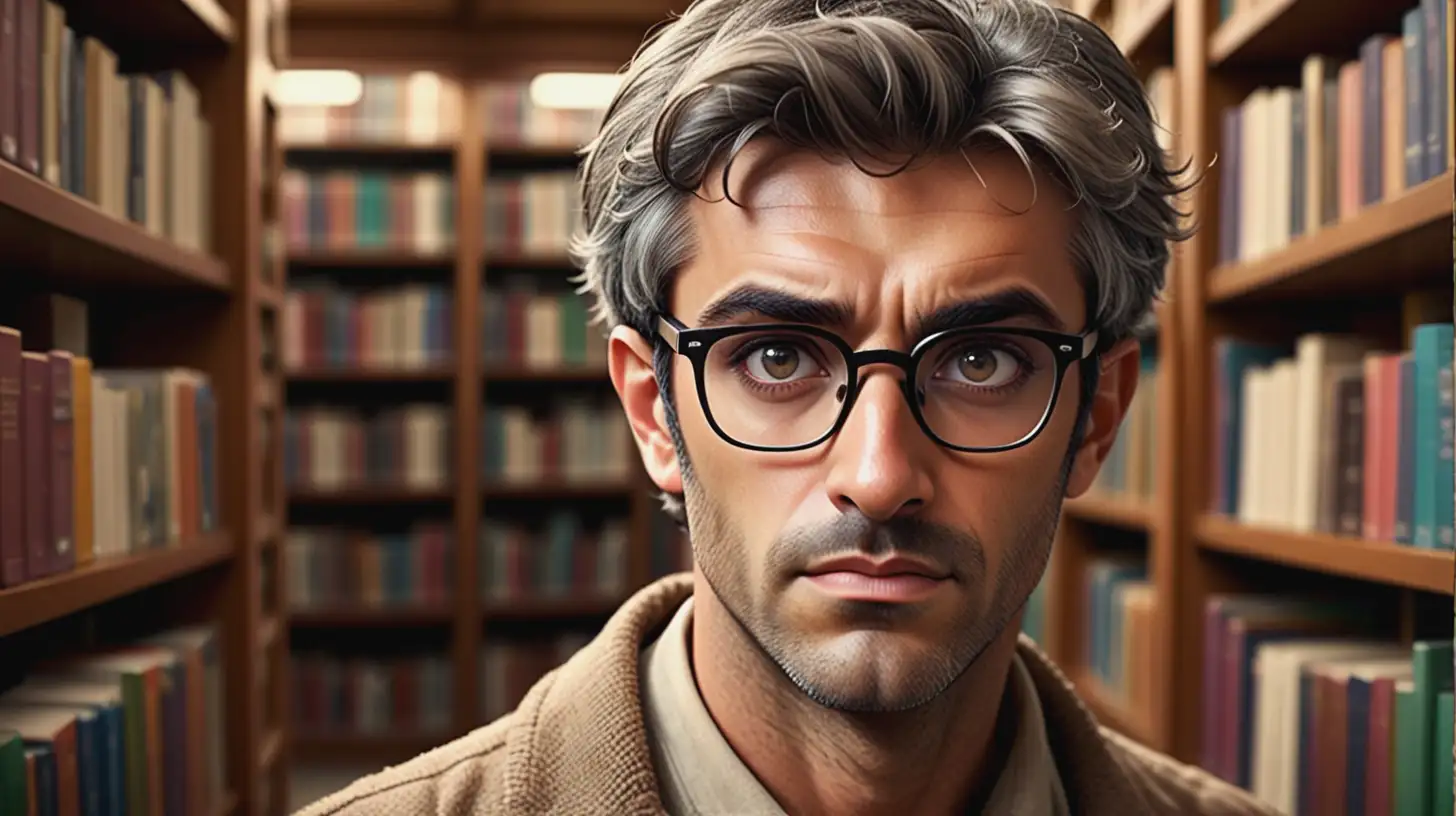 /imagine a Disney style character of a 
RUGGED HANDSOME iTALIAN MAN with short SALT AND PEPPER hair, wearing glasses, big INTENSE eyes, looking at the camera in a portrait style photo, with a Library as background --ar 16:9